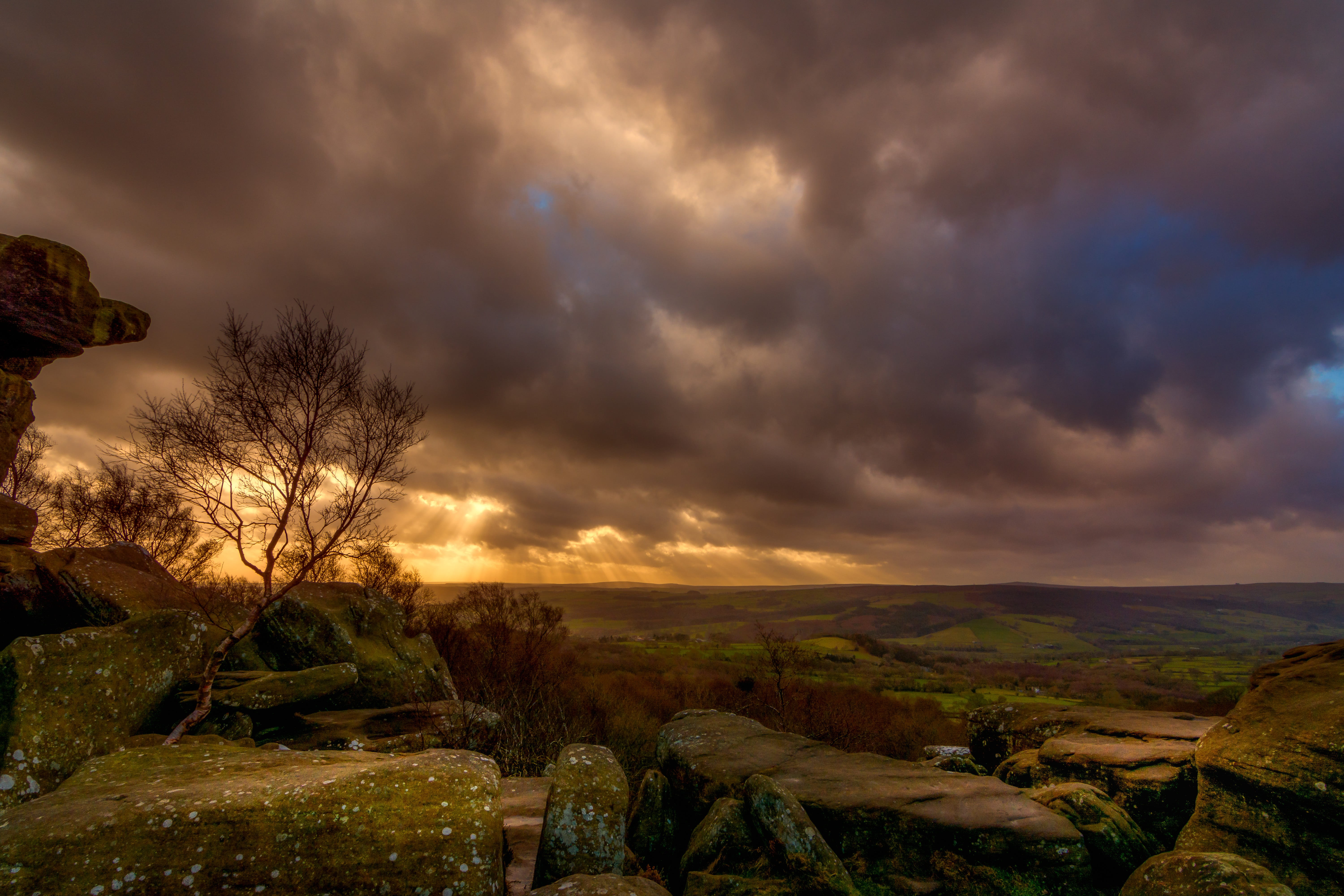 5K, drama, brimham moor, landscape, historic, tranquility, rock, england, solid, no people, sky, evening, nature, view, sundown, god rays, tree, mood, HD Wallpaper