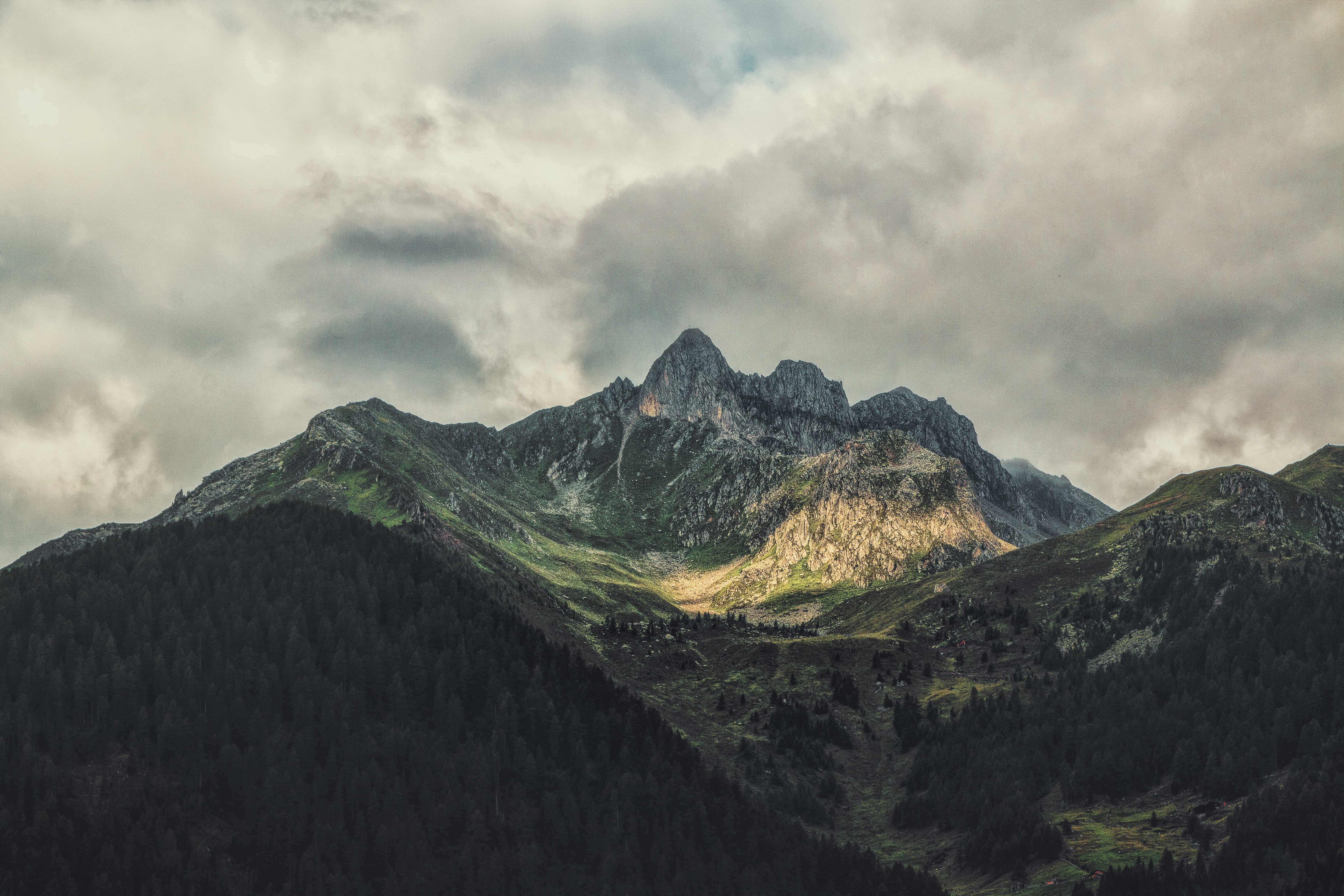 cloud - sky, mountain, outdoors, rugged, nature, forest, idyllic, tranquility, travel destinations, storm cloud, aerial, 5K, mountain peak, shaft of light, HD Wallpaper