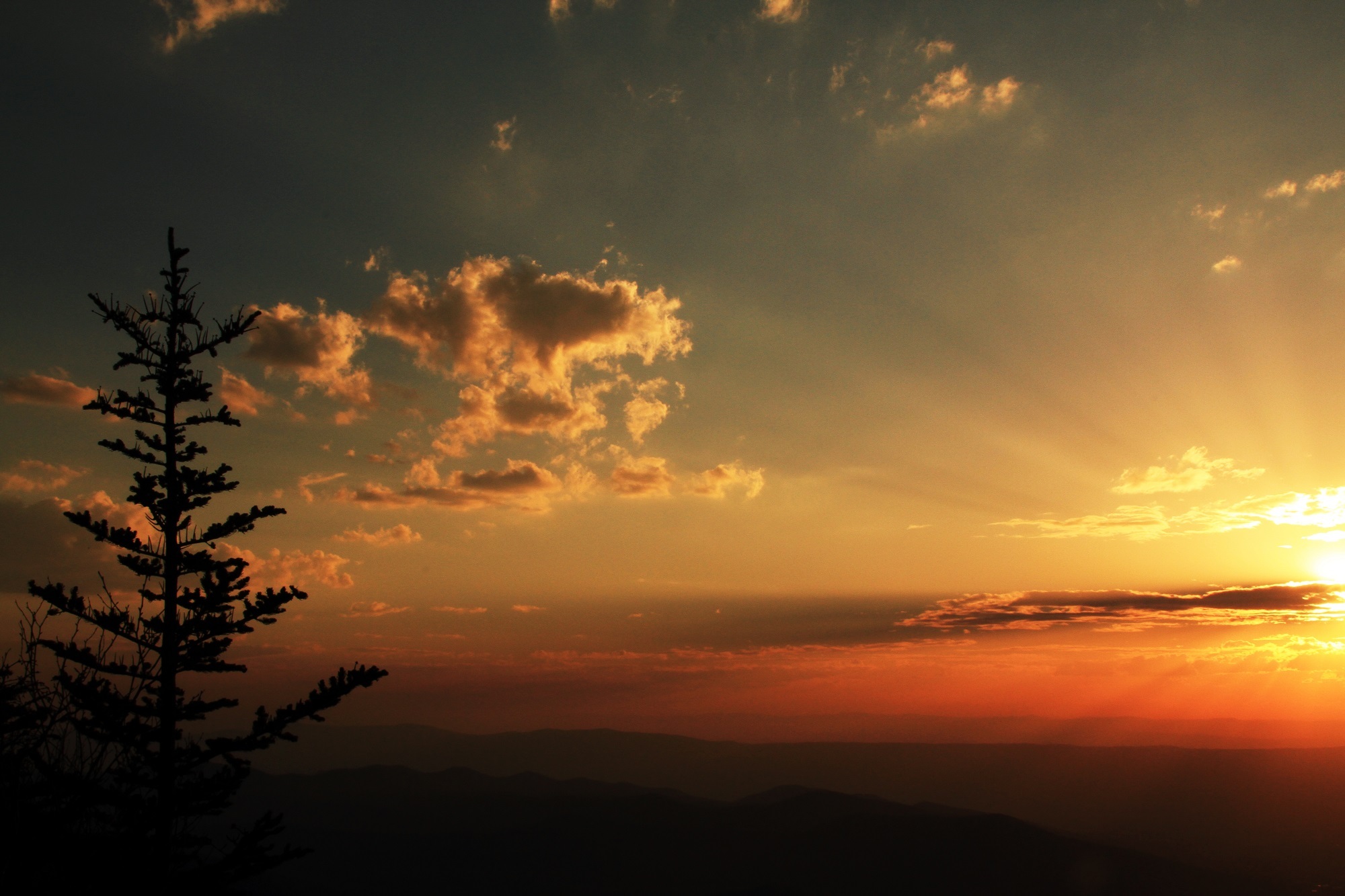 tranquility, sunset, silhouette, scenics - nature, idyllic, atmosphere, shaft, non-urban scene, mountain, outdoors, sunlight, plant, firmament, sky, cloud - sky, HD Wallpaper