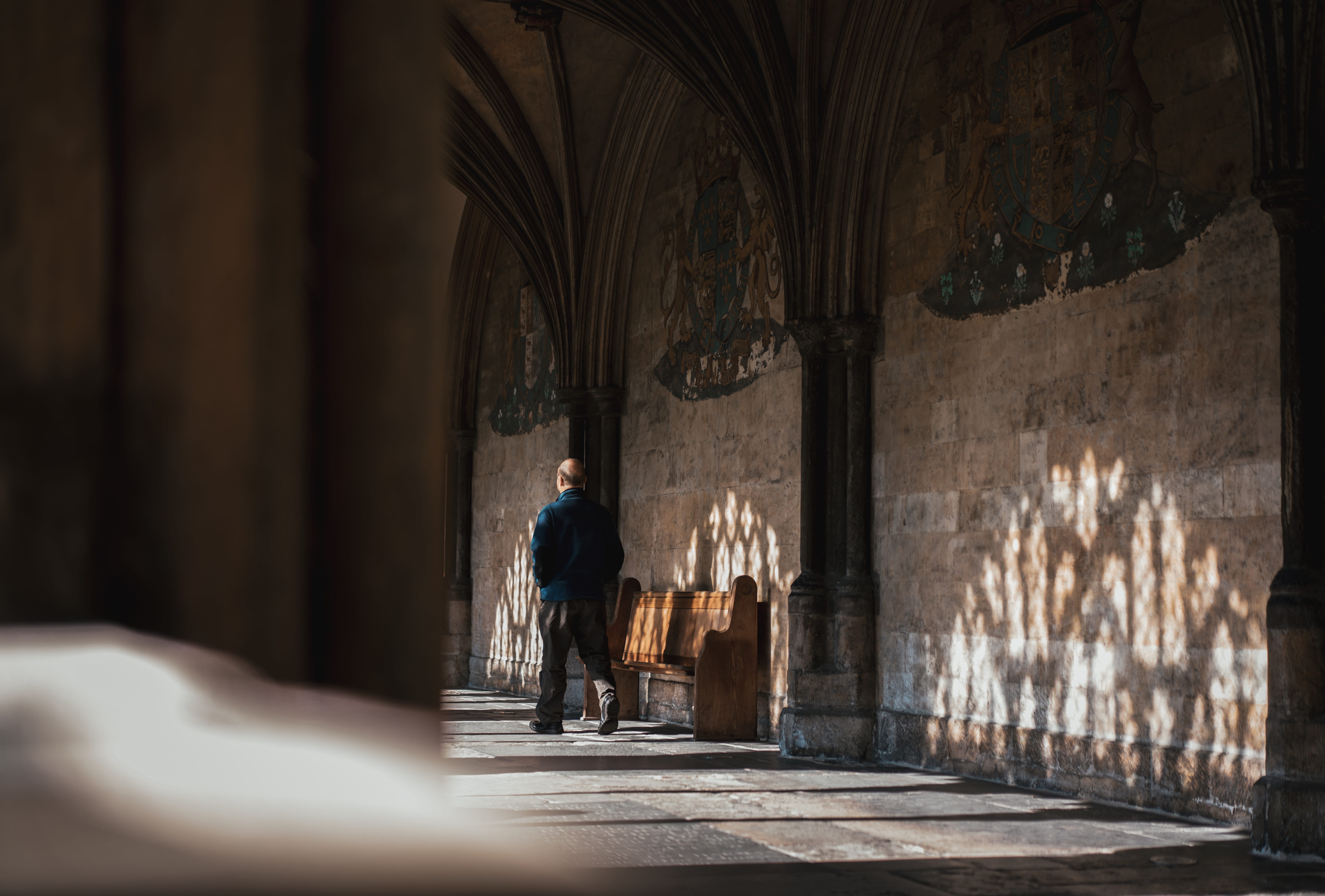 the past, building, light, spirituality, place of worship, full length, shadows, rear view, flagstone, architecture, walls, adult, slab, light ray, flooring, HD Wallpaper
