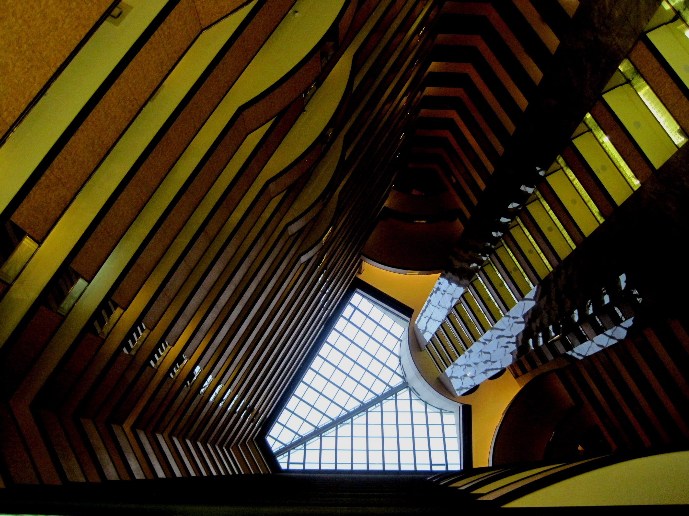 day, pattern, no people, brown, sunlight, architecture, indoors, light green, built structure, design, glass - material, shaft, nature, slats, abstract, HD Wallpaper