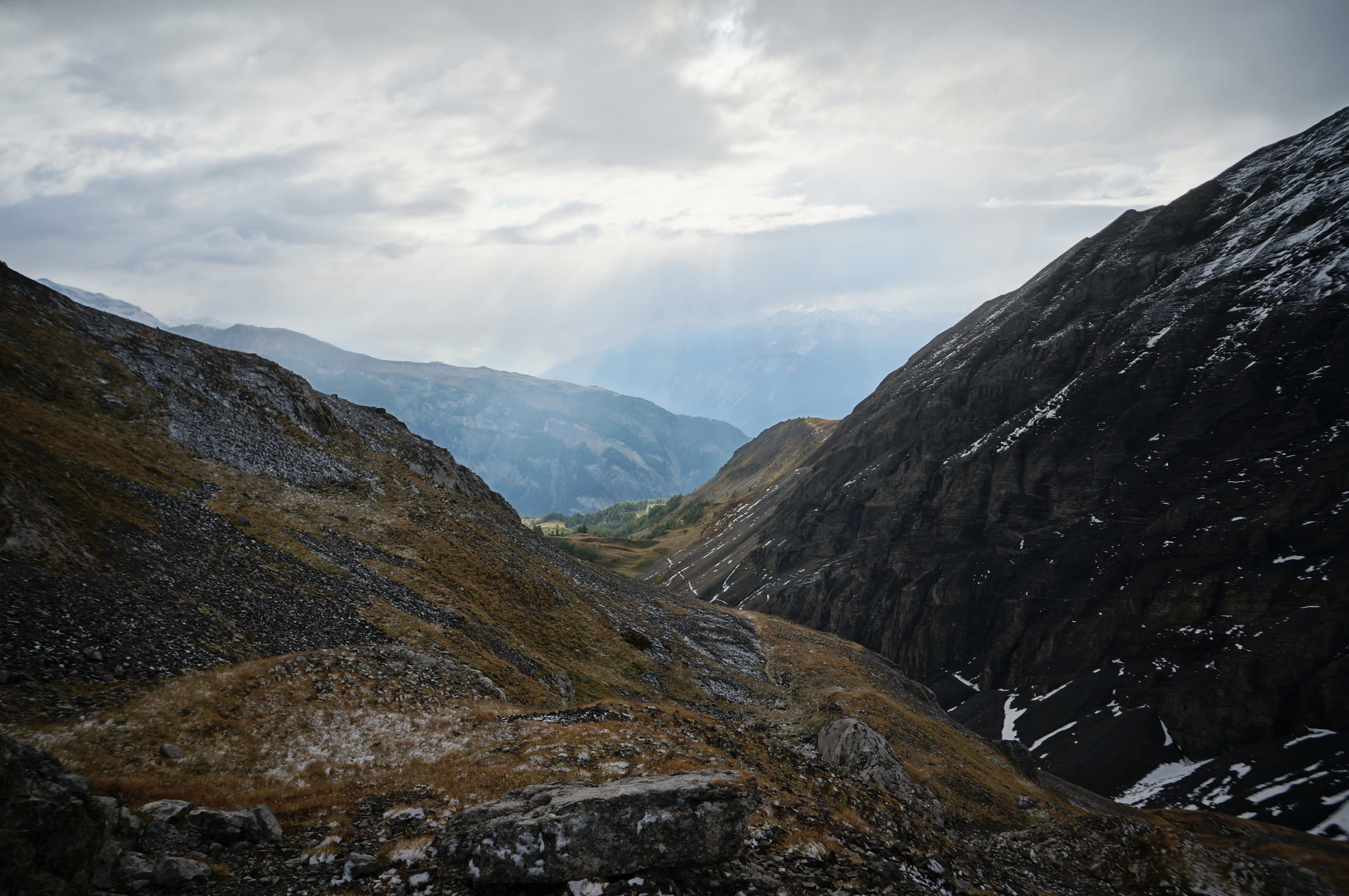 4K, tranquil scene, rock, cloud - sky, beauty in nature, landscape, mountain ridge, mountain, light shaft, sky, outdoors, peaks, mountain peak, solid, HD Wallpaper