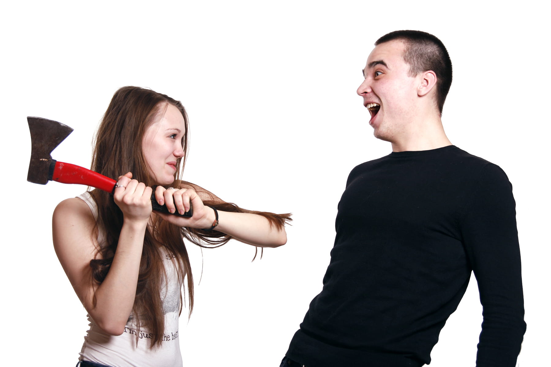 heterosexual couple, emotion, hatchet, furious, weapon, two people, negative emotion, communication, red, arm, hand, conflict, grimacing, anger, arguing, HD Wallpaper
