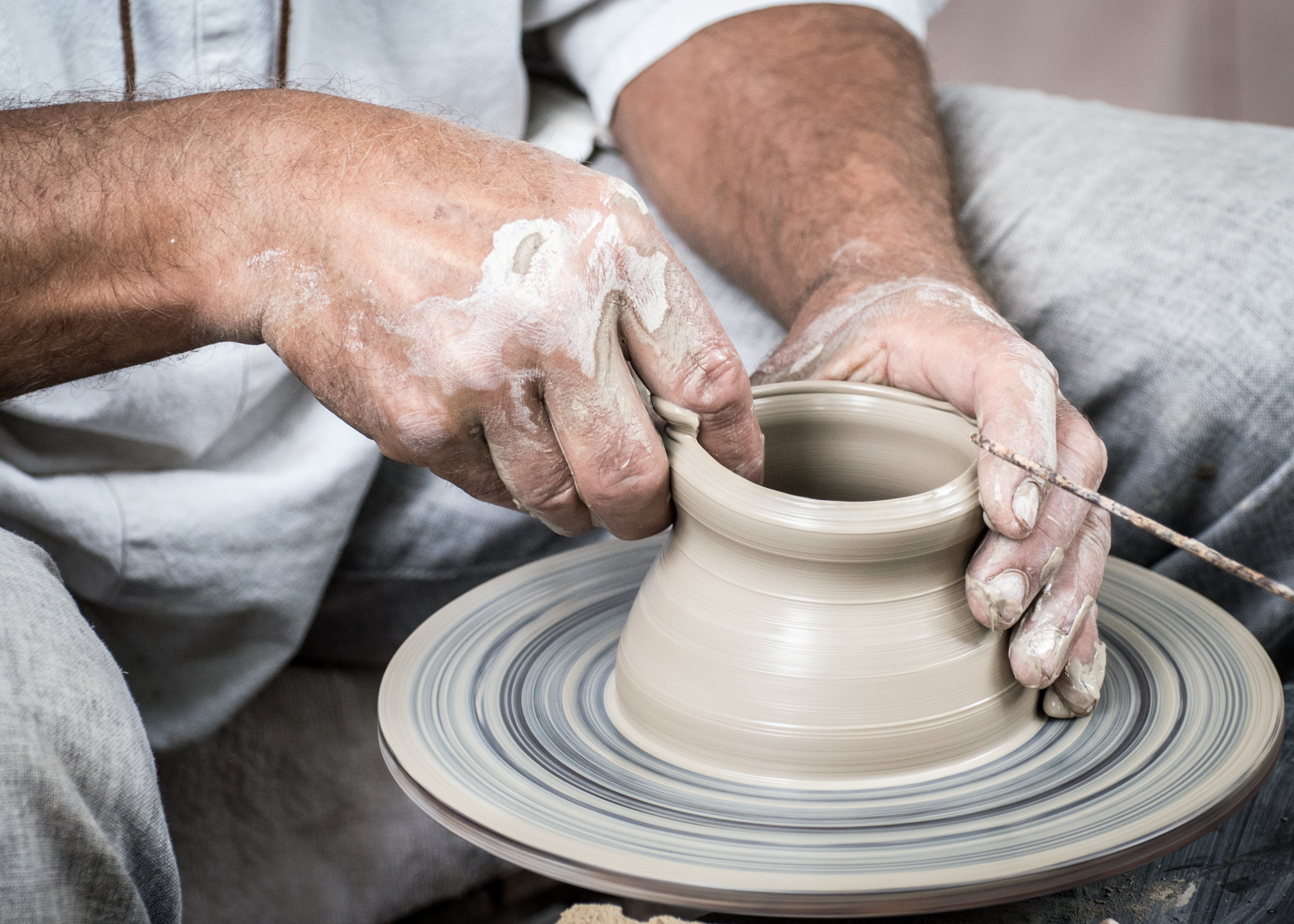potter, cup, human body part, shape, hand, person, craftsperson, potters wheel, skill, adult, creativity, making, one person, indoors, men, finger, gray, HD Wallpaper