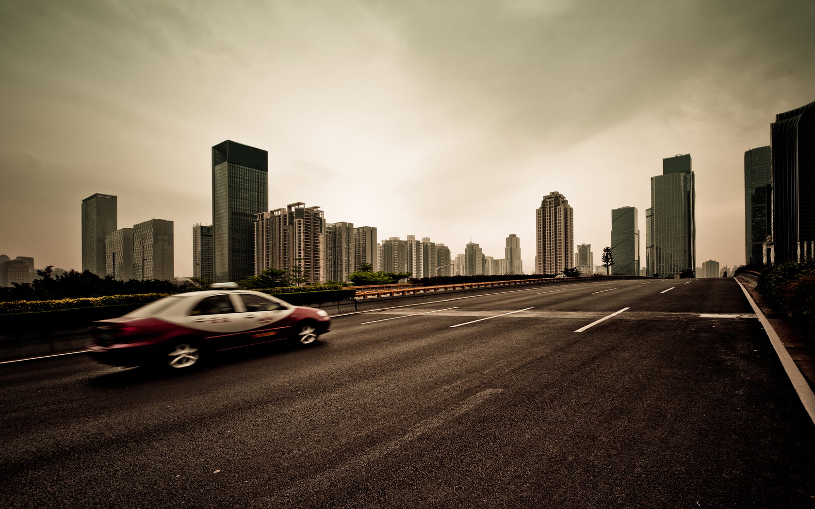 car, red, building, office building exterior, cloud - sky, street, outdoors, motor vehicle, 720P, cityscape, long exposure, road, urban skyline, vehicle, HD Wallpaper
