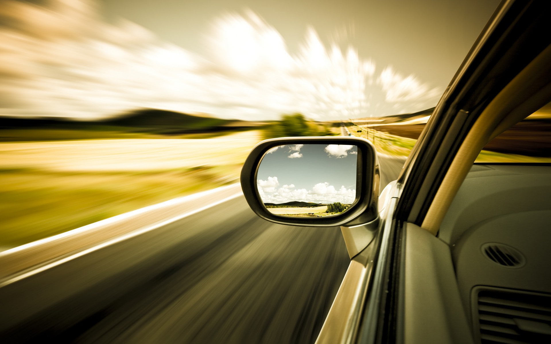 motion blur, road trip, long exposure, outdoors, no people, cloud - sky, land vehicle, travel, mirror, motion, sky, speed, on the move, car, vehicle, motor vehicle, HD Wallpaper