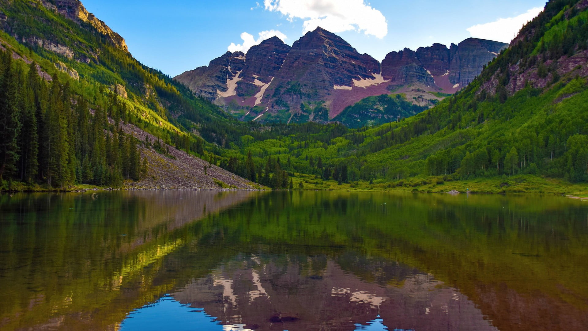 beauty in nature, maroon bells, tranquility, green, mountain range, 1080P, scenics - nature, nature, lake, plant, color correction, Colorado, mountains, HD Wallpaper