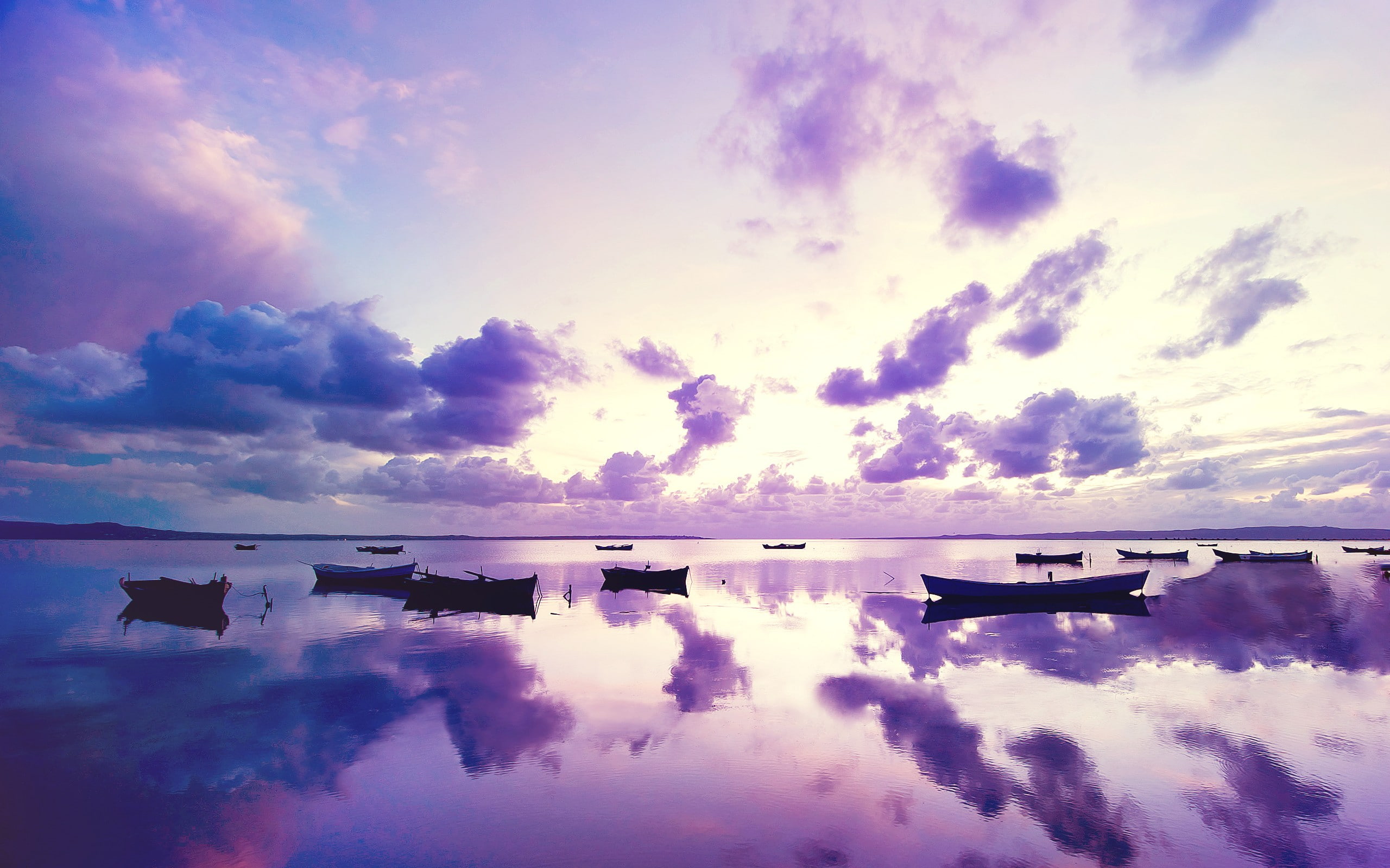 2K, lake, nature, purple sky, color correction, boat, HD Wallpaper