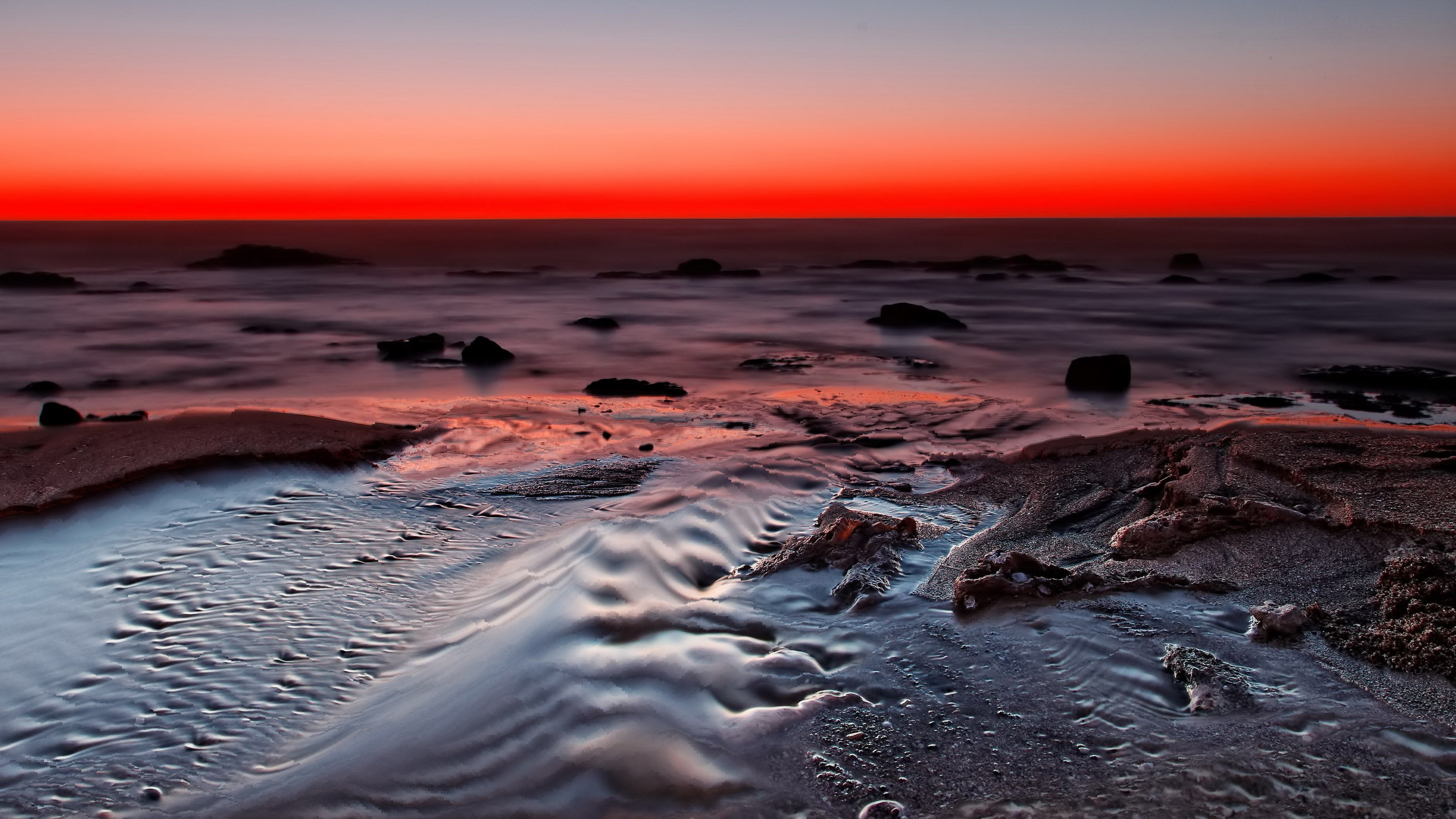 water, tranquil scene, sky, outdoors, horizon, land, beach, horizon over water, nature photography hdr images 2880x1620, sunset, non-urban scene, flowing water, HD Wallpaper