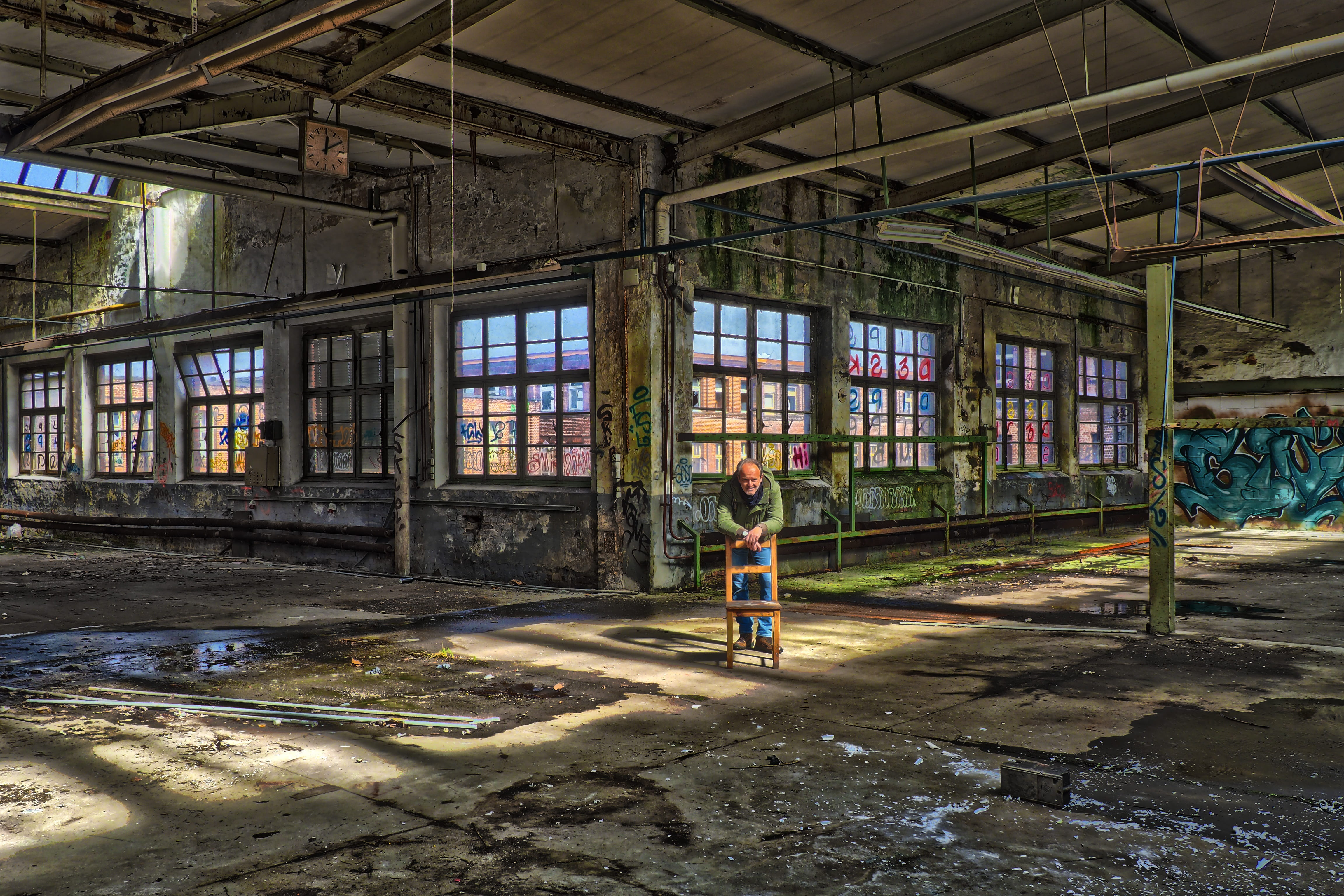 brick, abandoned building, industrial hall, 4K, dilapidated, ceiling, destruction, ailing, decay, self portrait, abandoned, lost places, factory, damaged, HD Wallpaper