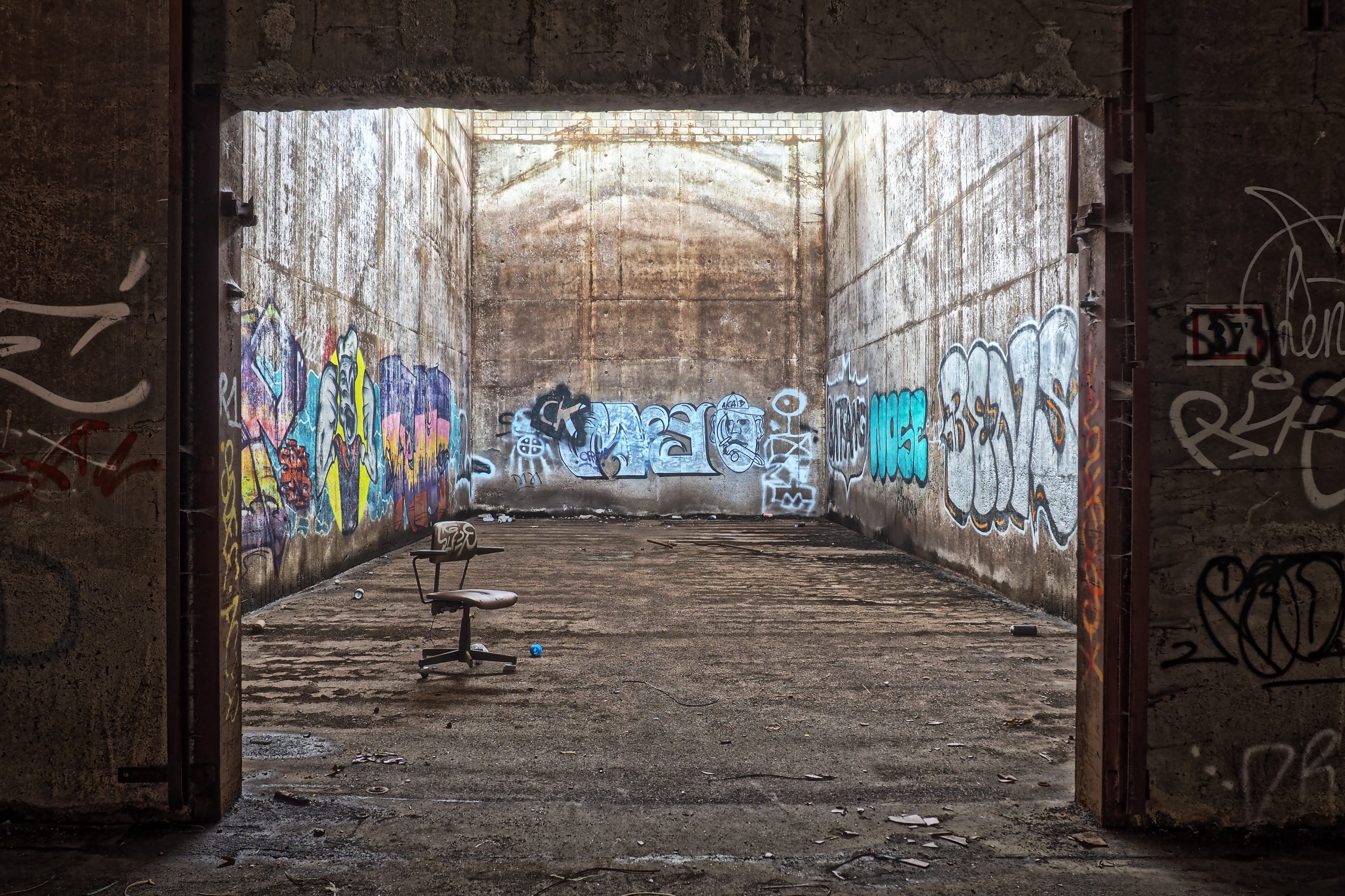 office chair, hdr, chair, decay, creativity, wall - building feature, empty, brick, old, break up, storage, abandoned, ruin, shabby, forget, forgotten places, HD Wallpaper