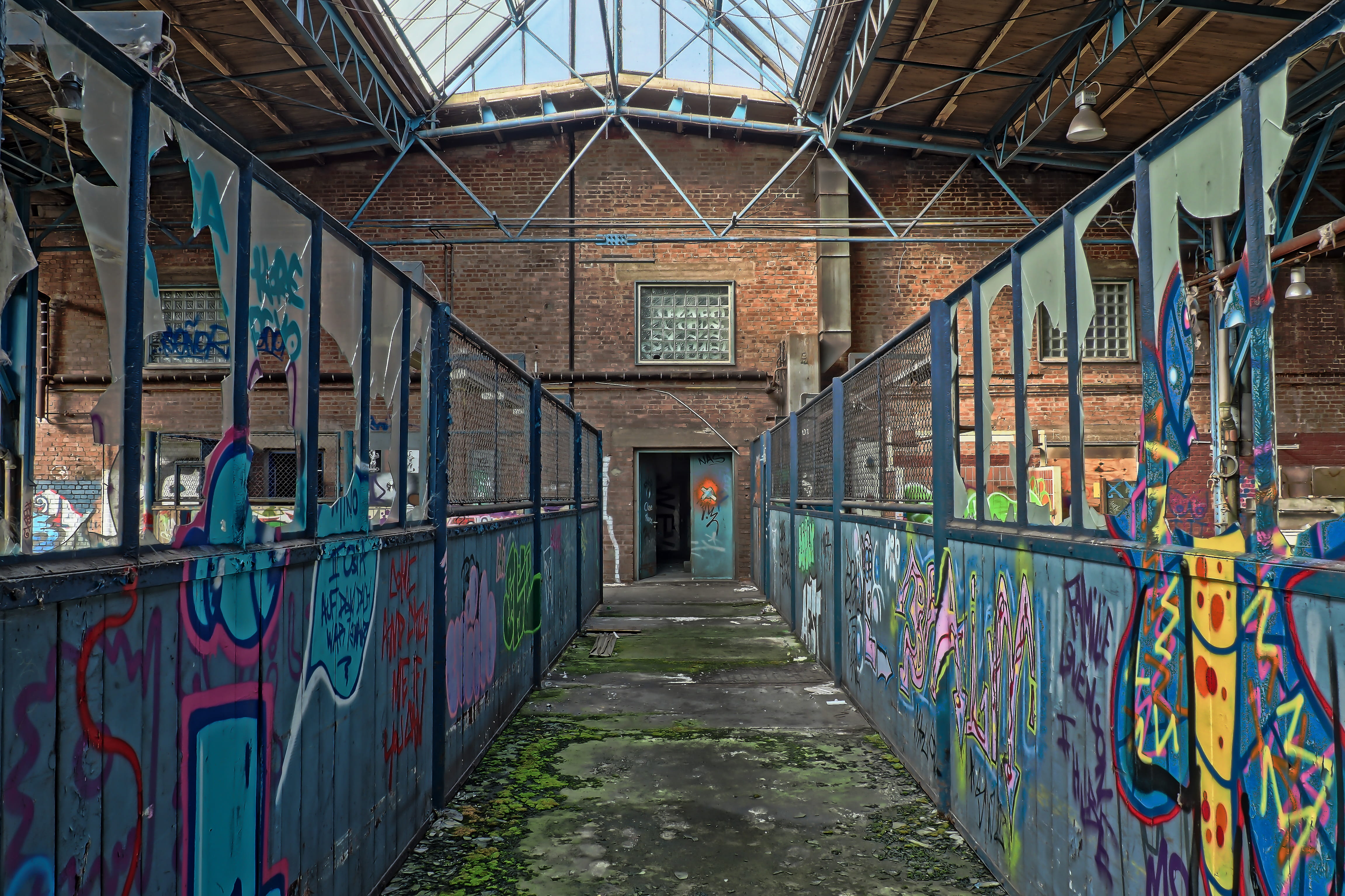 leave, dilapidated, factory, unused, 4K, railing, building, abandoned, forget, destruction, graffiti, wall, void hall, pforphoto, train hall, past, multi colored, HD Wallpaper