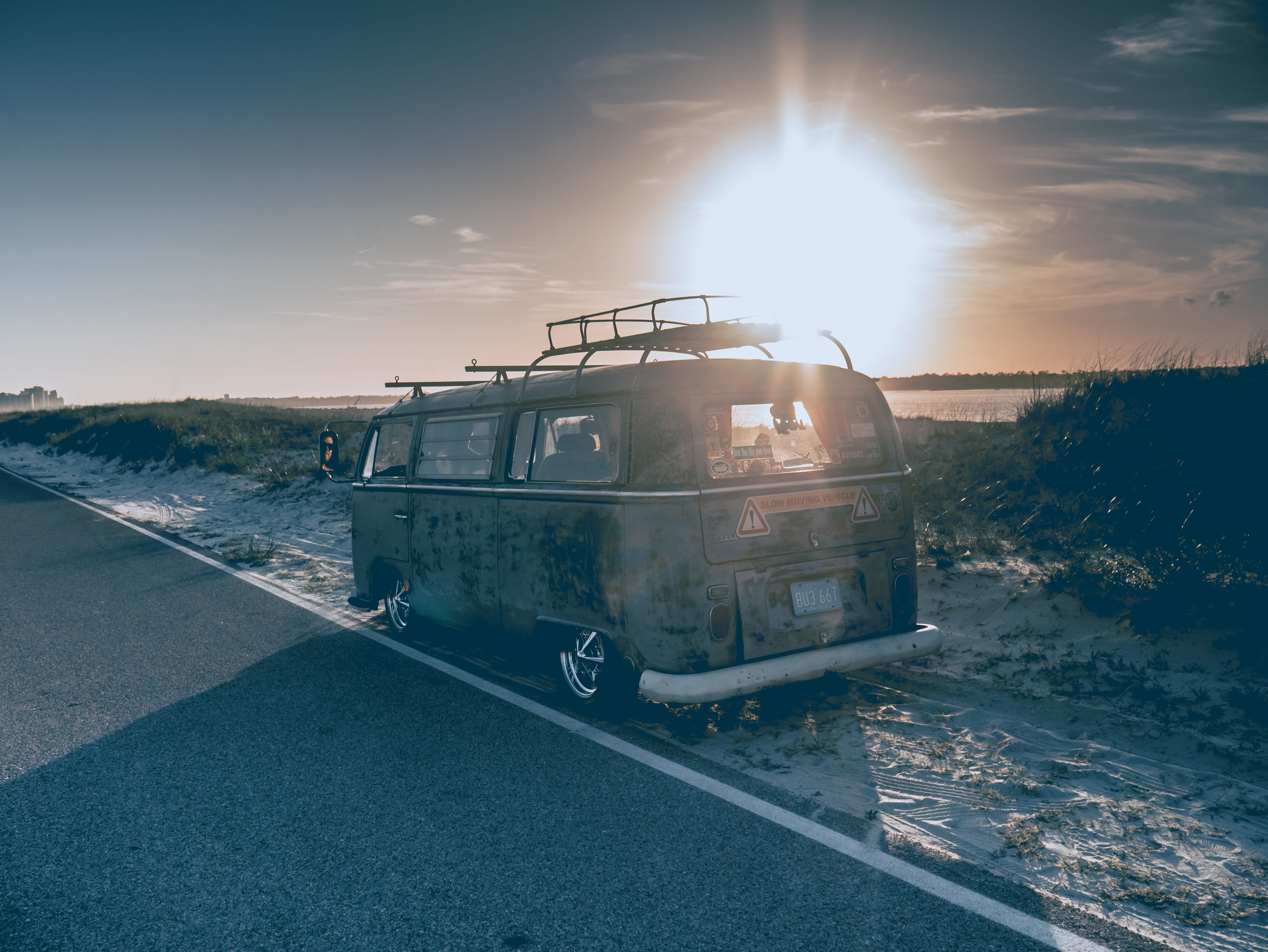 sand, sunny, plant, sunset, van life, no people, florida, road, day, field, beside, nature, van, water, land, transportation, lens flare, volkswagon, sun, HD Wallpaper