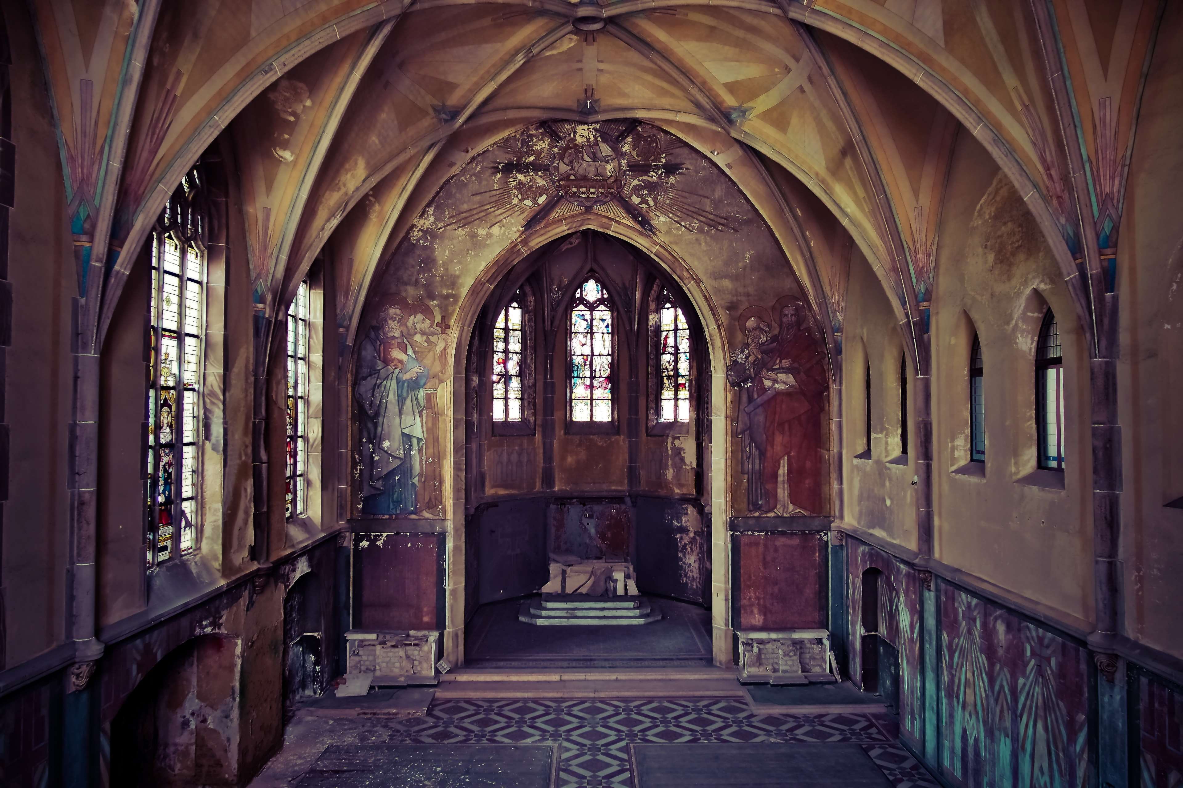 broken, old, art and craft, break up, window, decay, lost places, old building, indoors, religion, finiteness, pew, masonry, altar, aisle, church, murals, HD Wallpaper