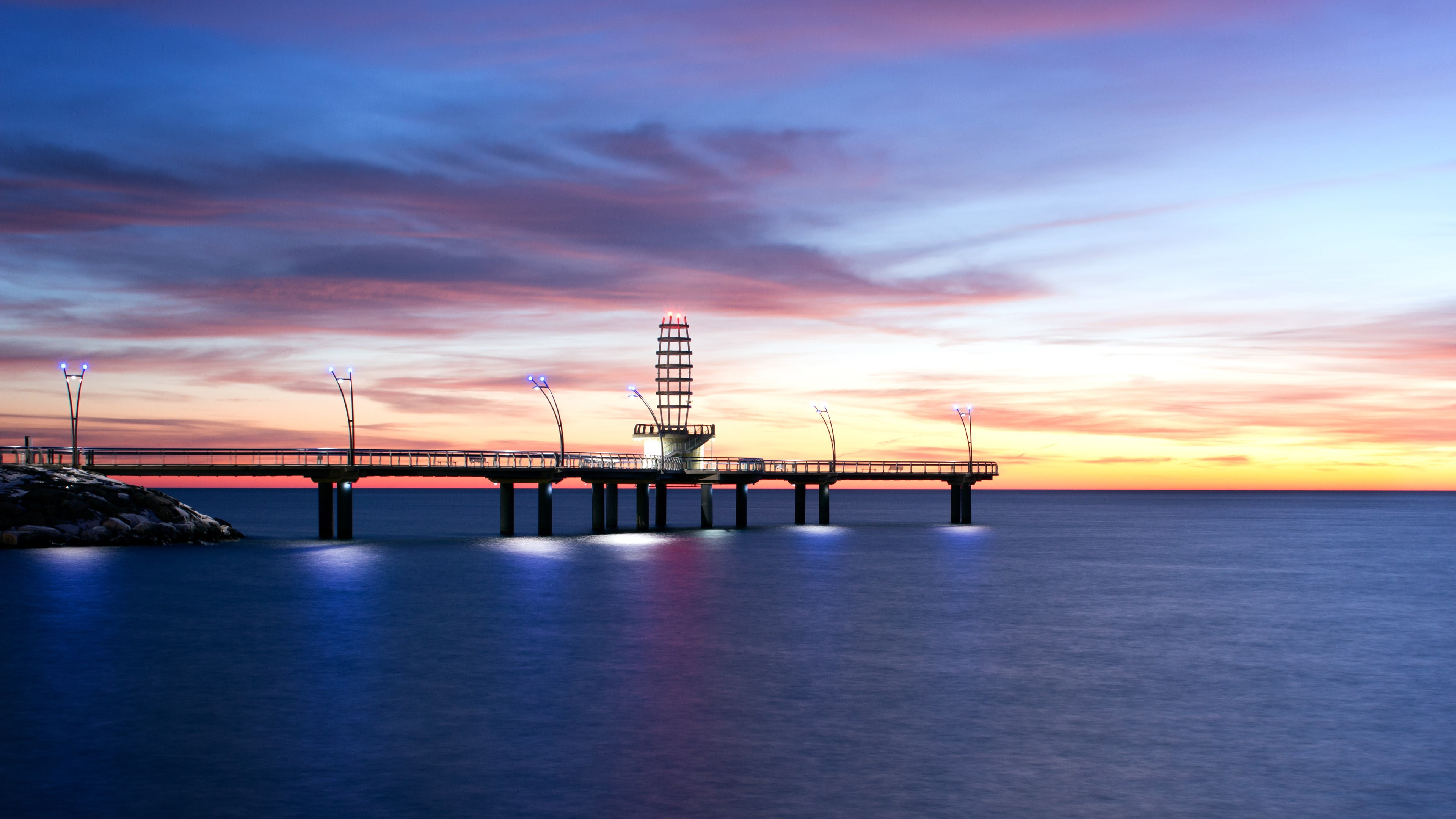 dock, no people, waterfront, pier, architecture, outdoors, black, built structure, horizon over water, landscape, nature, 4K, bridge, transportation, fuel and power generation, HD Wallpaper
