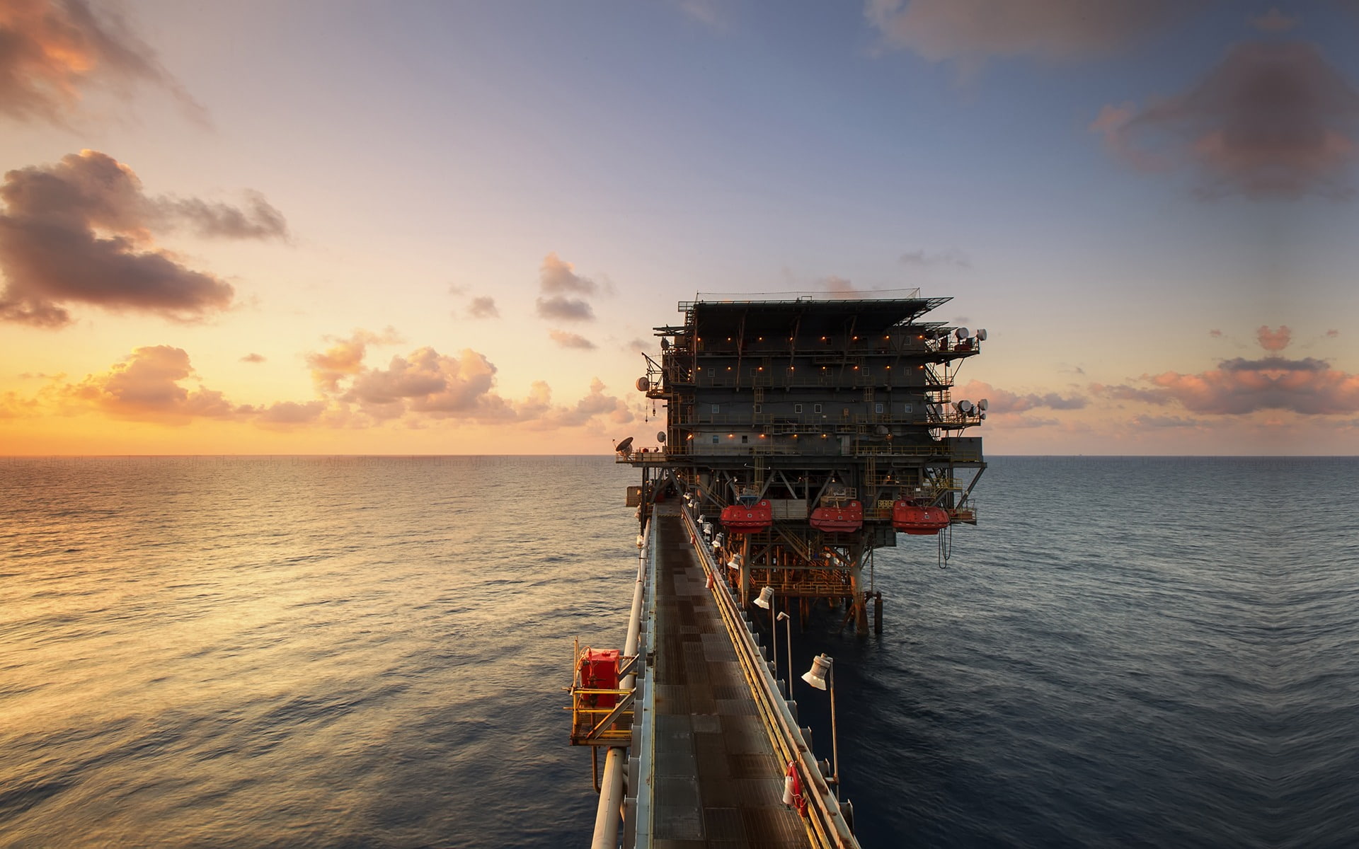 water, no people, architecture, industry, oil industry, skyline, transportation, nature, orange color, horizon, platform, outdoors, drilling, sea, sky, HD Wallpaper