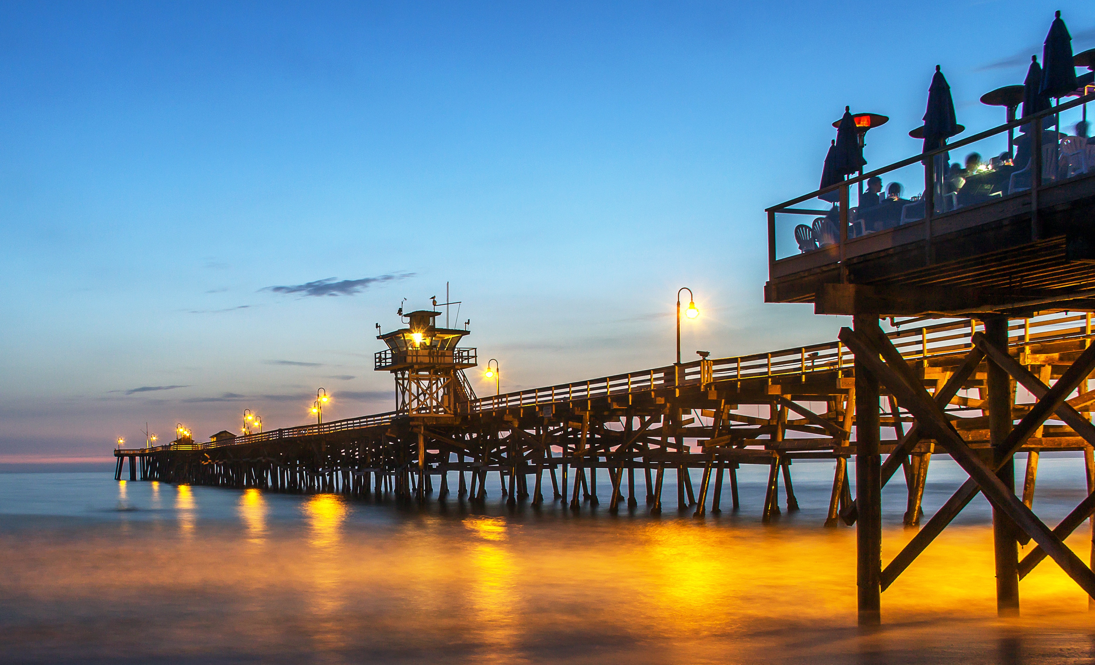 california, pier, offshore platform, built structure, water, blue, 2K, waves, sky, usa, pacific, dusk, architecture, no people, colorful, industry, oil industry, HD Wallpaper
