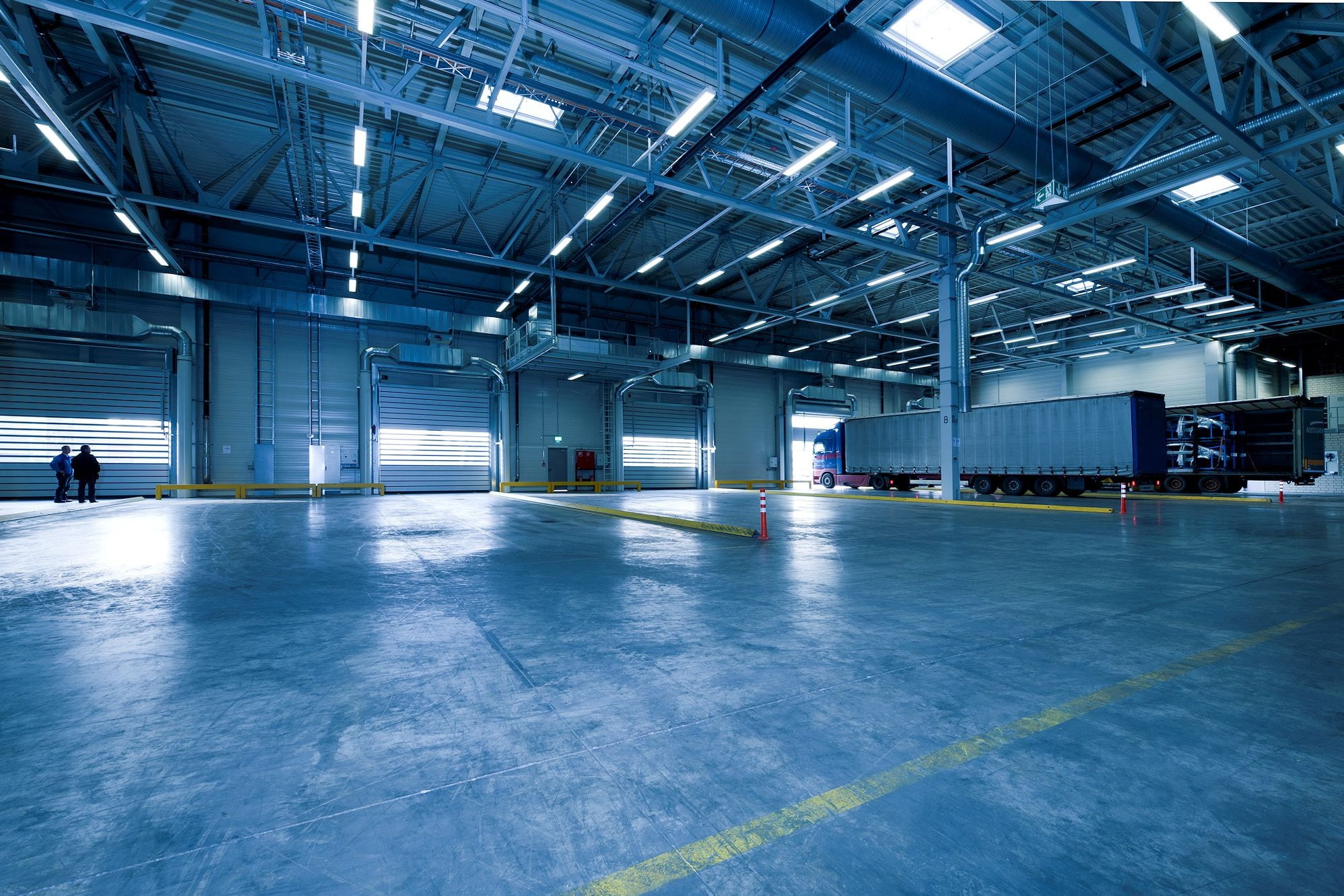 warehouse, no people, built structure, gates, 1080P, concrete, parking lot, mode of transportation, electric lamp, building, industrial door, lighting equipment, HD Wallpaper