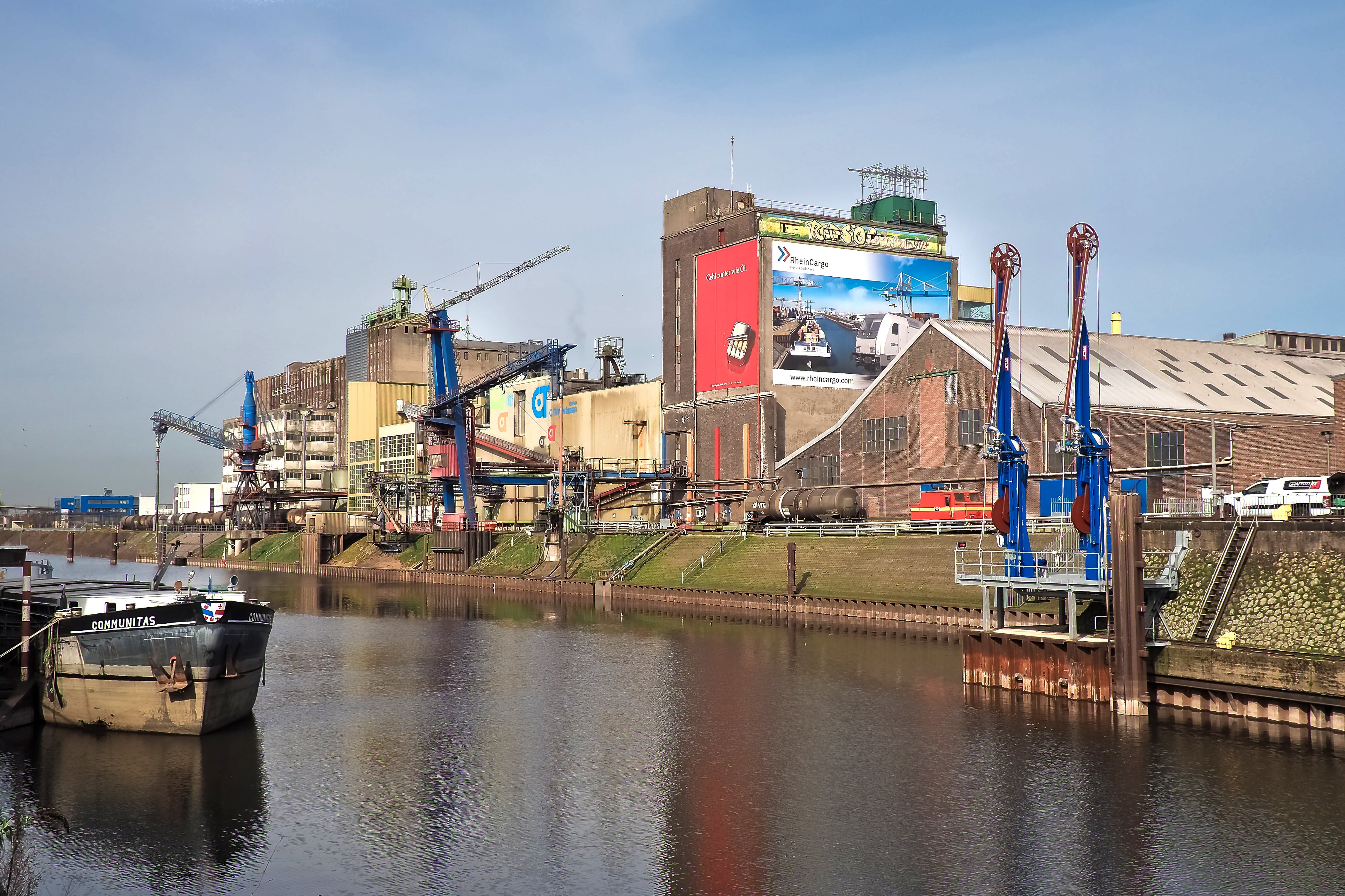 goods, river, building exterior, no people, shipping, factory, crane - construction machinery, machinery, harbour cranes, rhine, storage, architecture, HD Wallpaper