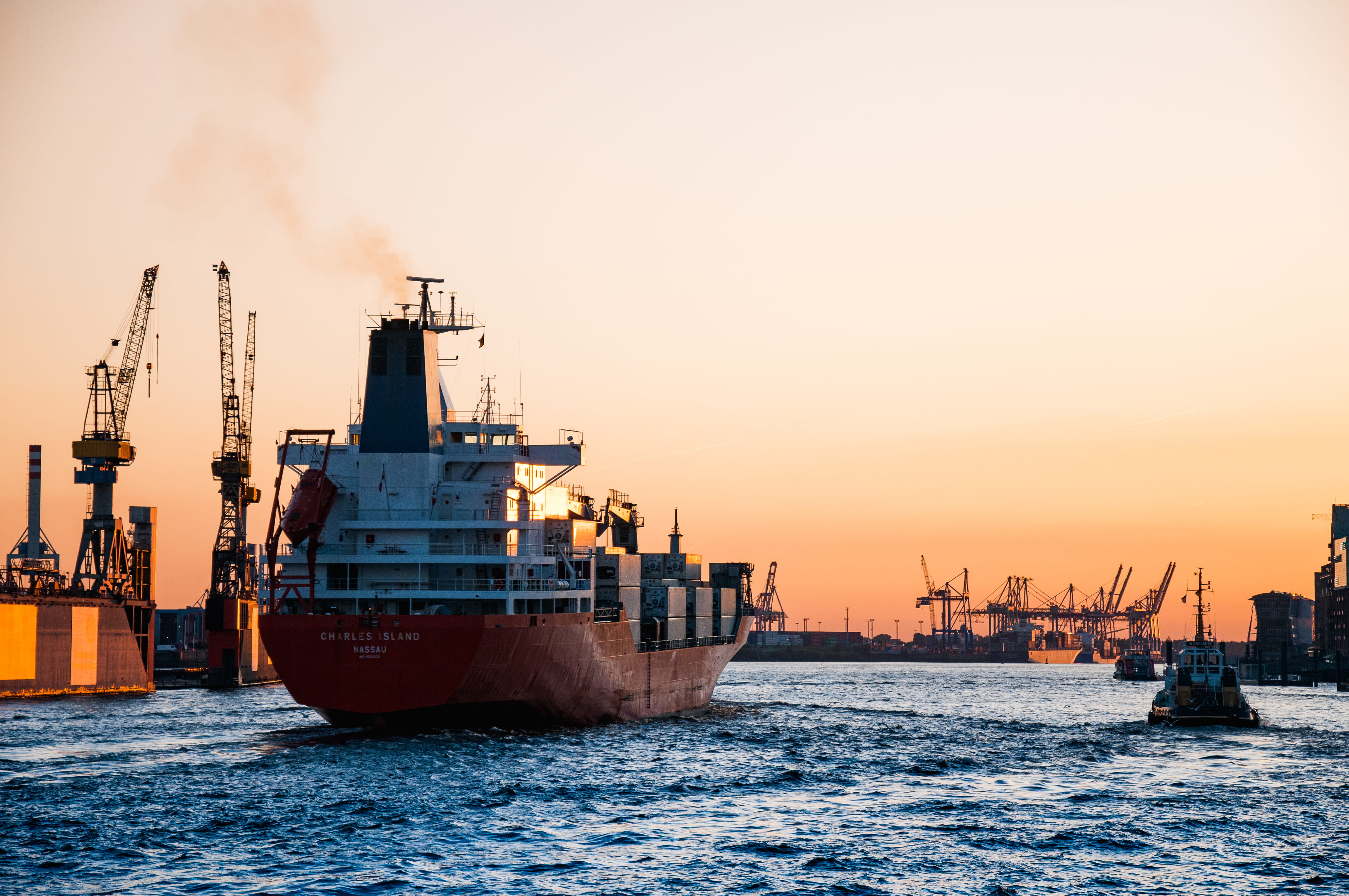 container ship, seashore, freight, 4K, dusk, containers, mode of transportation, landscape, smoke, photography, water, no people, industrial, nature, bay, HD Wallpaper