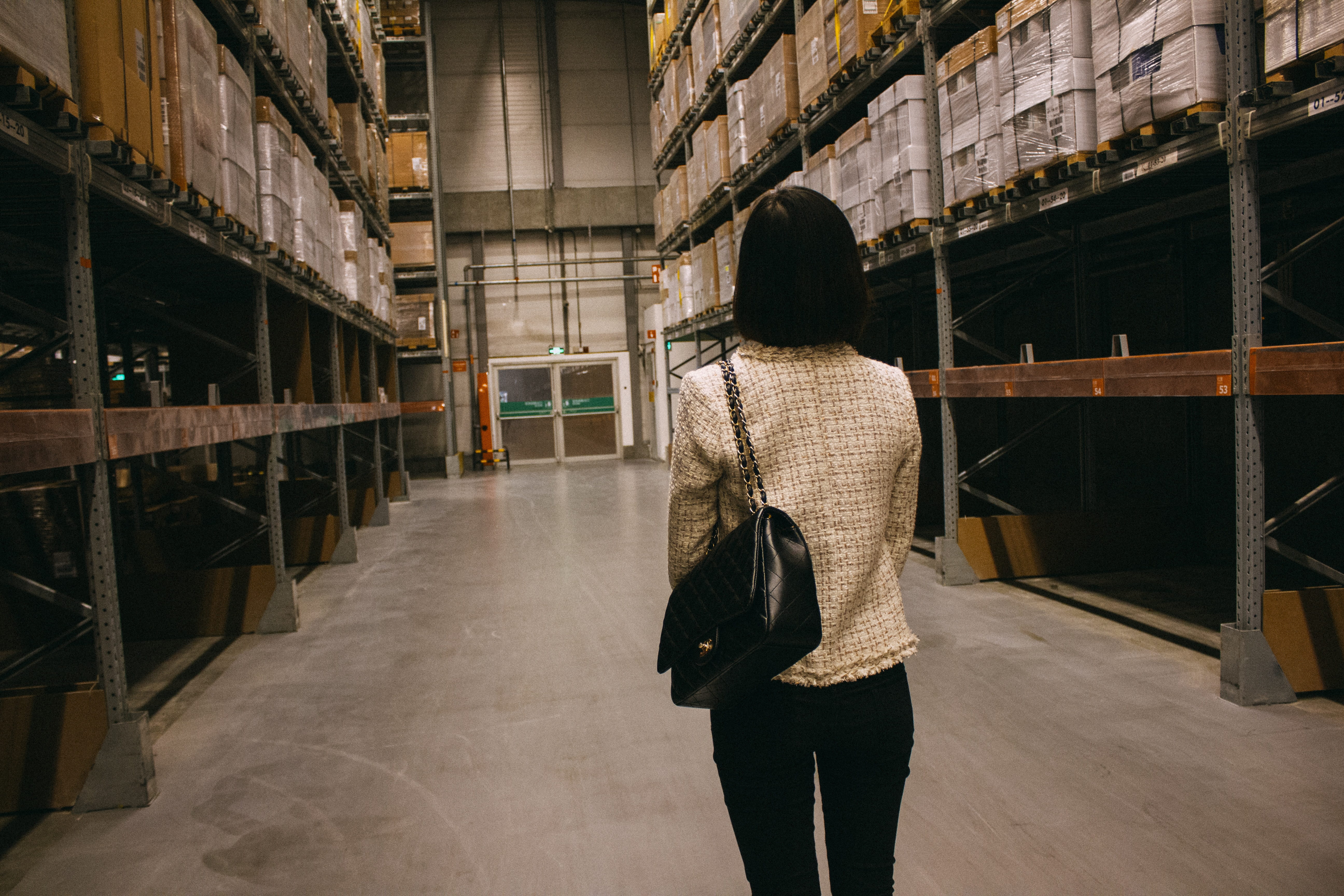 warehouse, shelf, building, casual clothing, full length, adults only, 5K, corridor, one woman only, warm clothing, architecture, jane 13, real people, HD Wallpaper