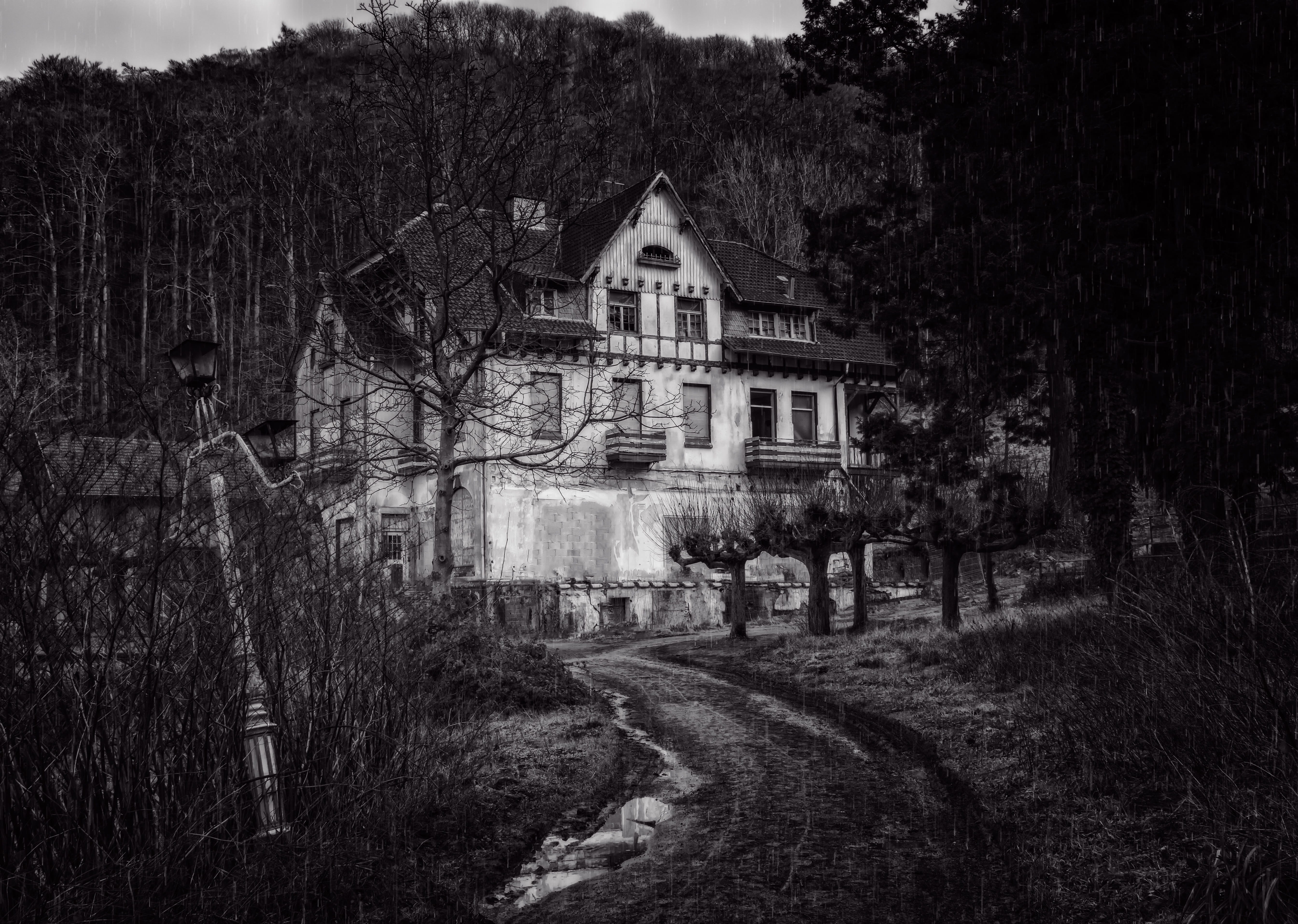 fear, pforphoto, house, day, building exterior, decay, outdoors, no people, black, dark, rain, villa, tree, lost places, architecture, transportation, place of worship, HD Wallpaper