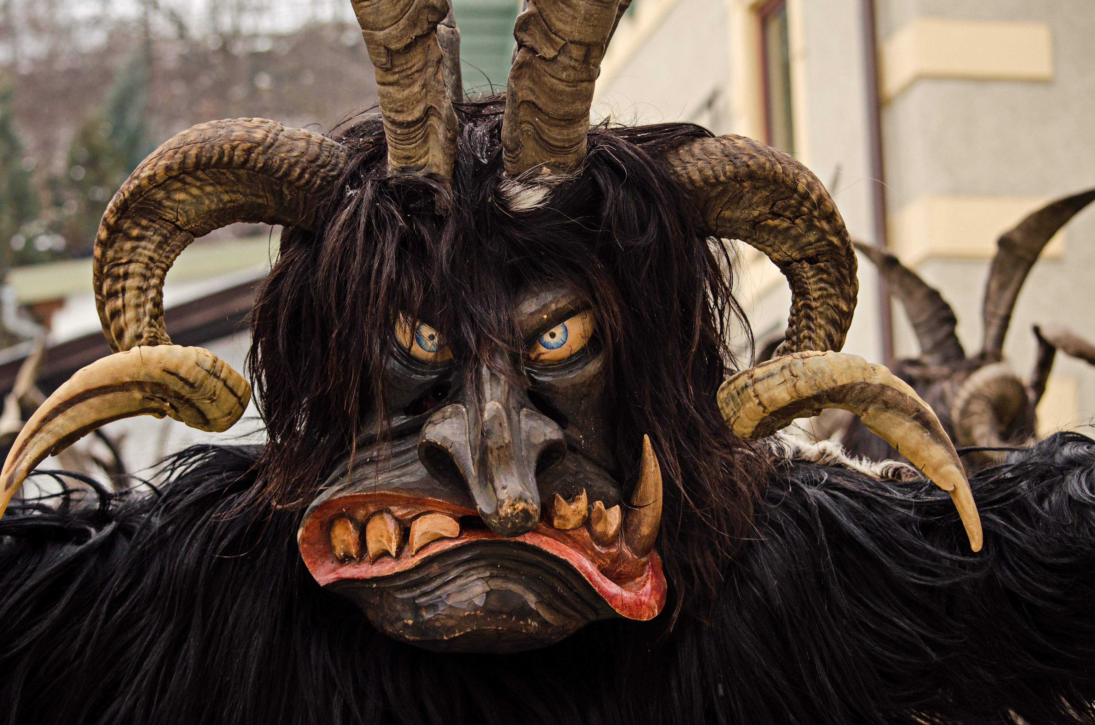 close-up, rough nights, horns, one animal, wooden mask, horned, gespenstig, culture, perchten procession, animal wildlife, creepy, mammal, pagan custom, HD Wallpaper