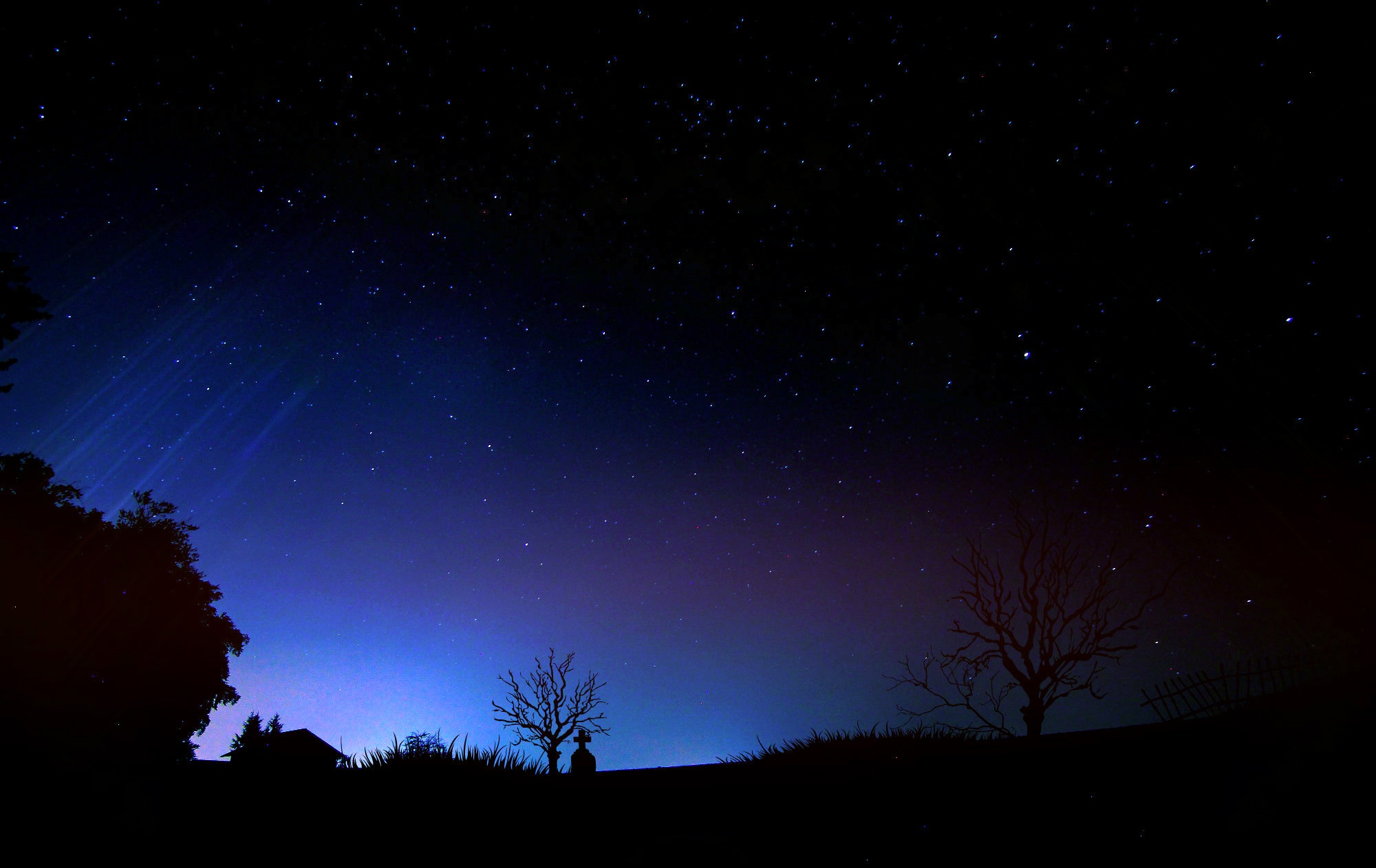 night, evening light, planet - Space, beauty in nature, fence, metal fence, atmosphere, nature, nebula, darkness, tranquil scene, plant, space and astronomy, HD Wallpaper