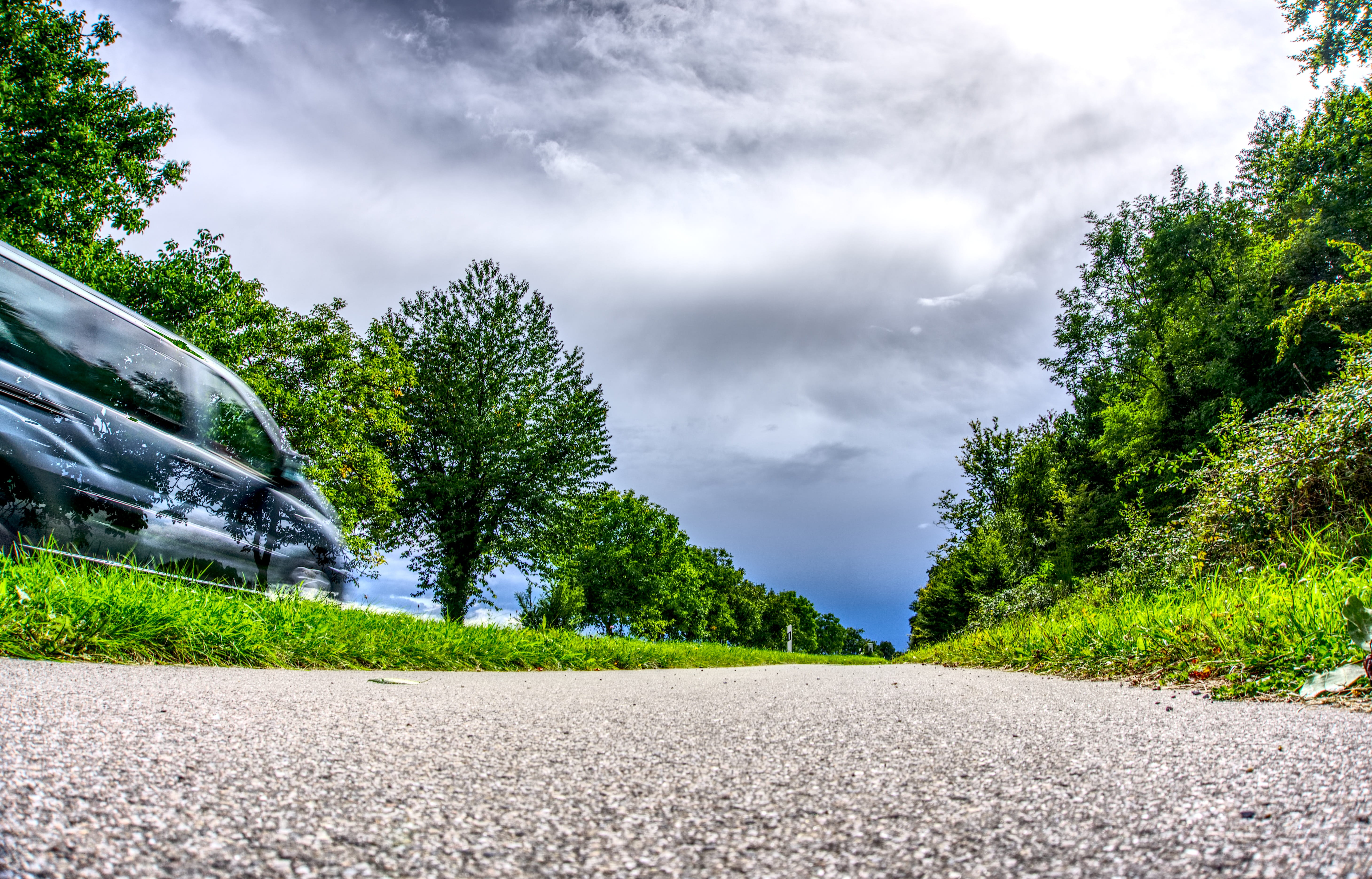 speed, road, movement, gespenstig, forest, contrast, clouds, infinite, motor vehicle, tree, asphalt, outdoors, green color, transportation, environment, HD Wallpaper