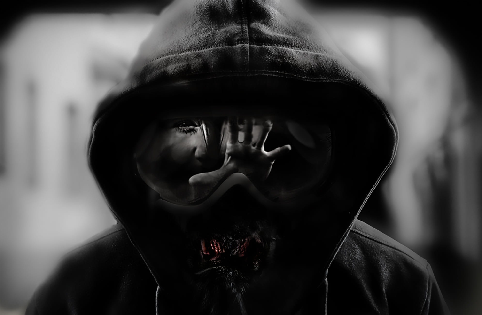 looking at camera, spooky, hooded shirt, photo montage, horror, aggression, men, fear, human face, front view, clothing, adult, hood - clothing, mirroring, HD Wallpaper