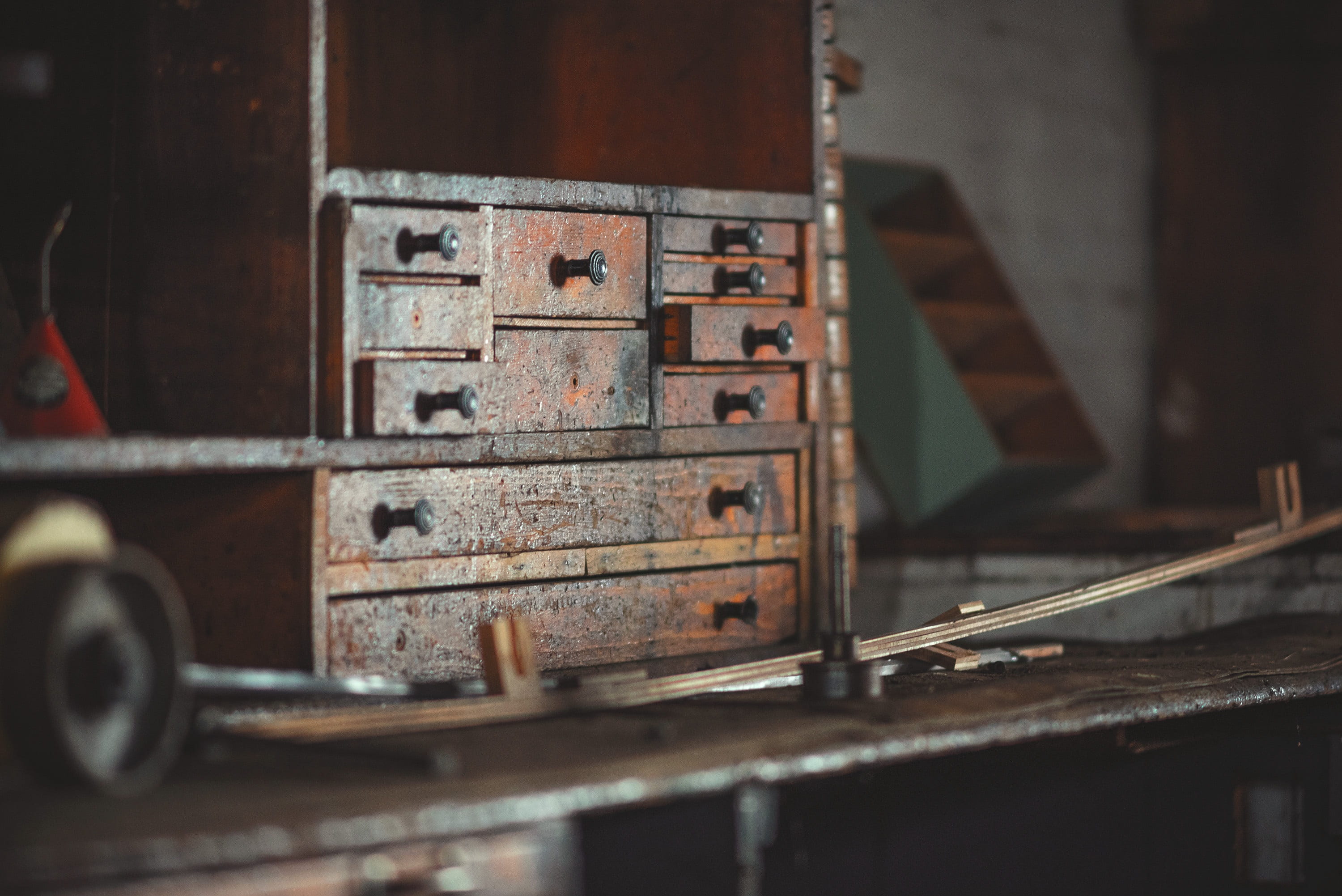 indoors, machine shop, selective focus, metal, chest of drawers, drawers, greasy, photography, toolbox, architecture, focus on foreground, brown, abandoned, HD Wallpaper