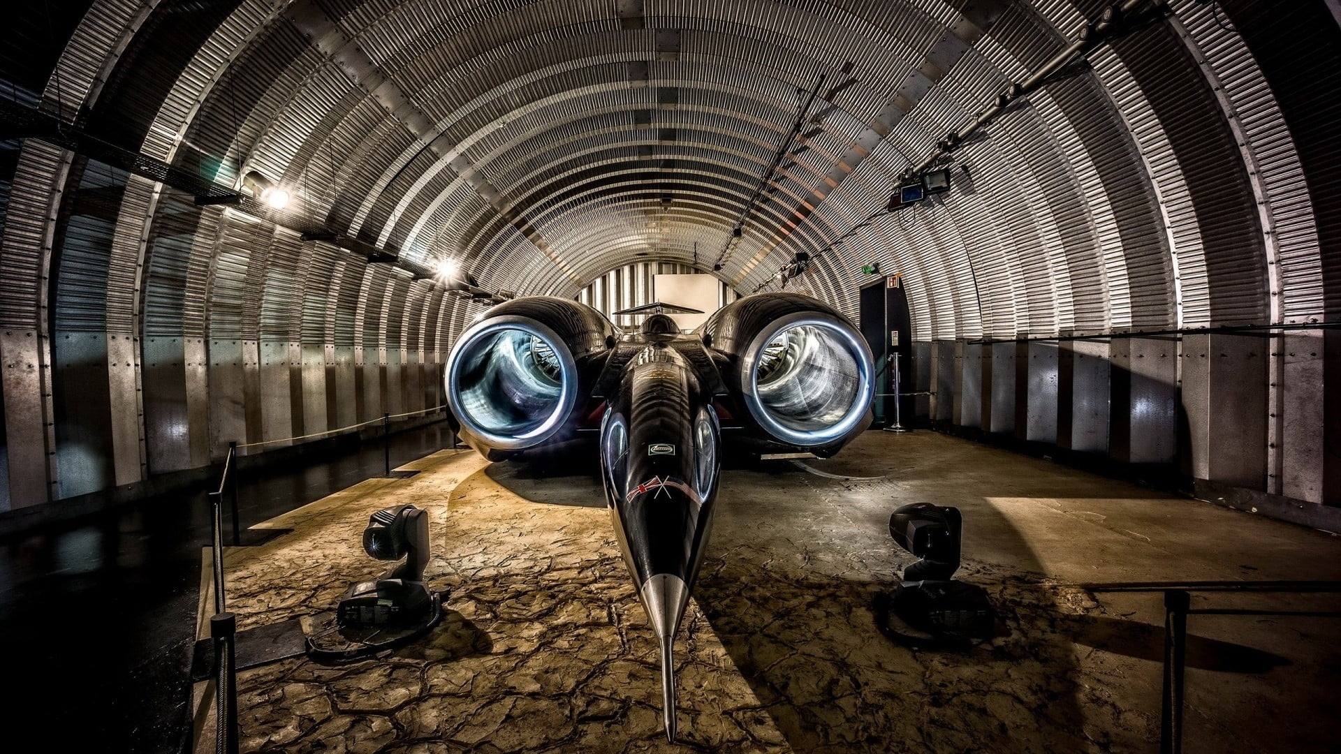 illuminated, lights, technology, front view, metal, Thrust SSC, no people, lighting equipment, rocket, vehicle, architecture, British cars, 1080P, industry, HD Wallpaper