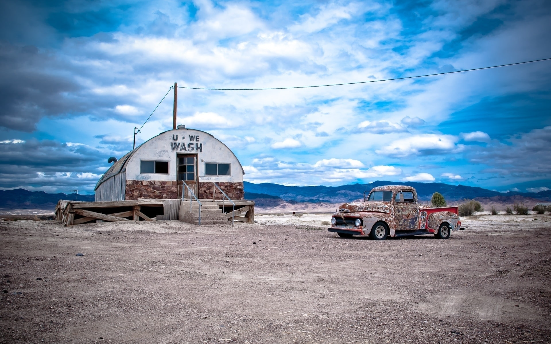 clouds, sky, vintage, hangar, car, 1080P, vehicle, desert, HD Wallpaper