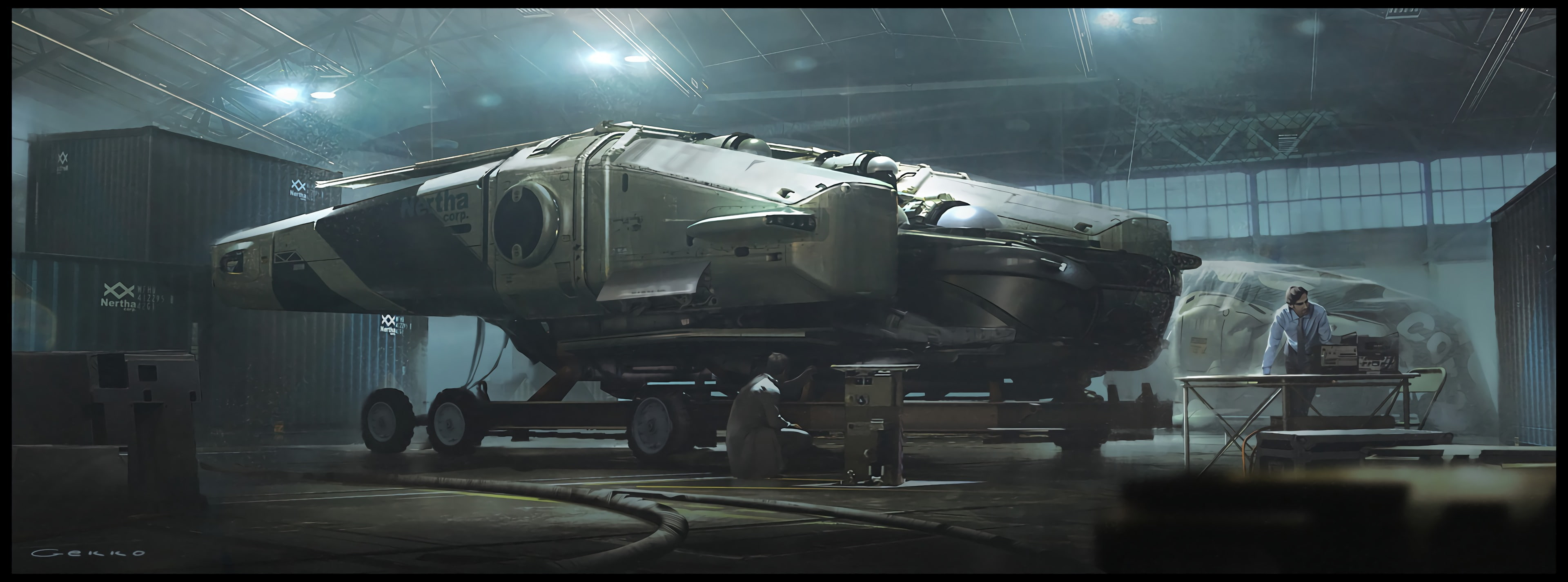 hangar, aircraft, digital art, spaceship, 4K, futuristic, multiple display, artwork, HD Wallpaper