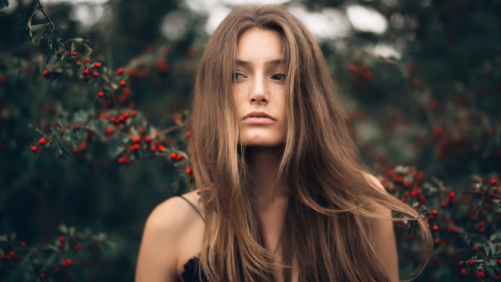 bare shoulders, looking at camera, portrait, depth of field, plants, freckles, tree, focus on foreground, headshot, windy, one person, hair in face, front view, HD Wallpaper