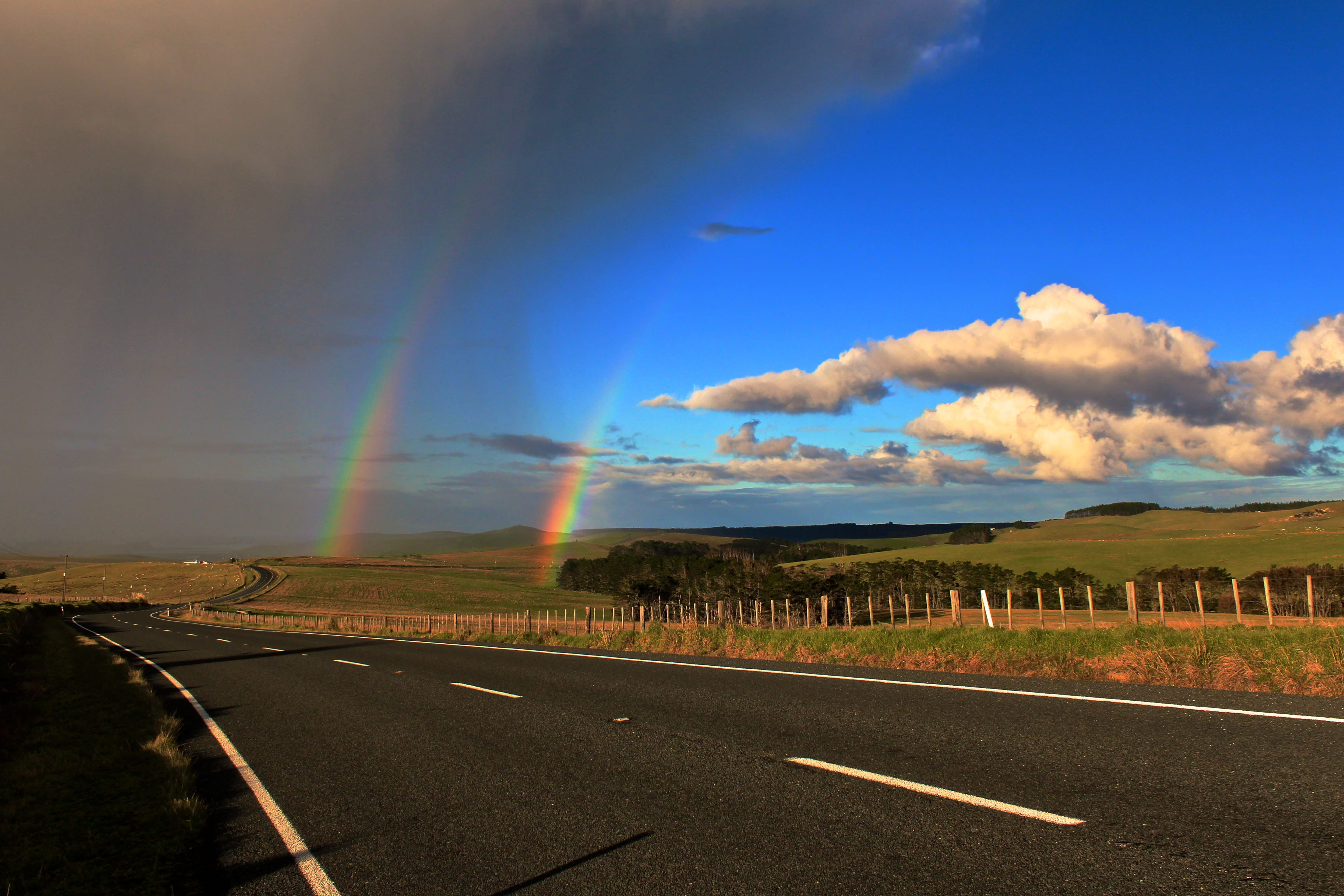 nature, landscape, road marking, light, scenics - nature, outdoors, cloud - sky, rainbow, clouds, tranquil scene, countryside, 4K, marking, symbol, tobias keller, HD Wallpaper