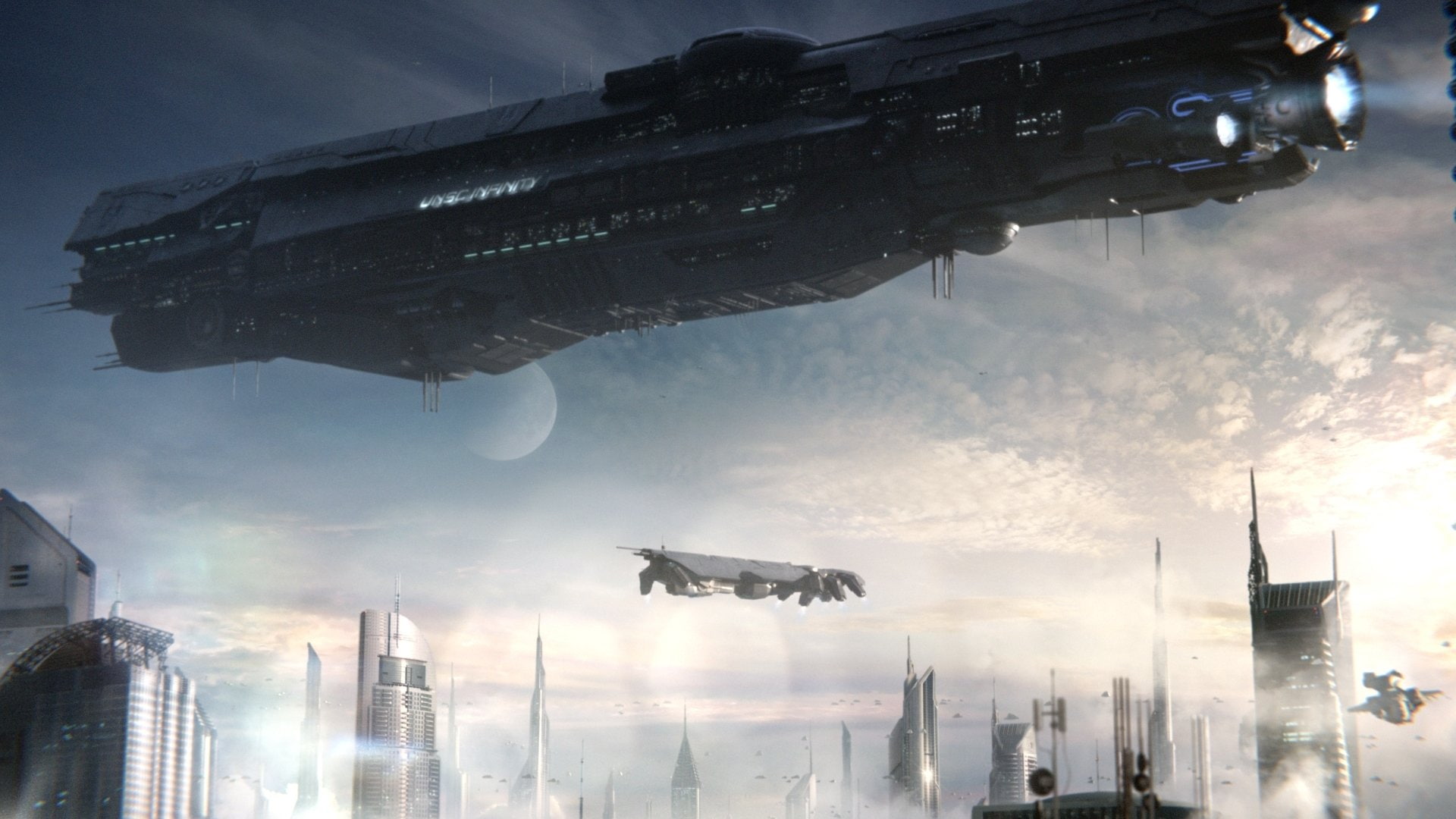 UNSC Infinity, 1080P, Halo, flying, architecture, cityscape, nature, machinery, airplane, on the move, outdoors, air vehicle, sky, office building exterior, HD Wallpaper
