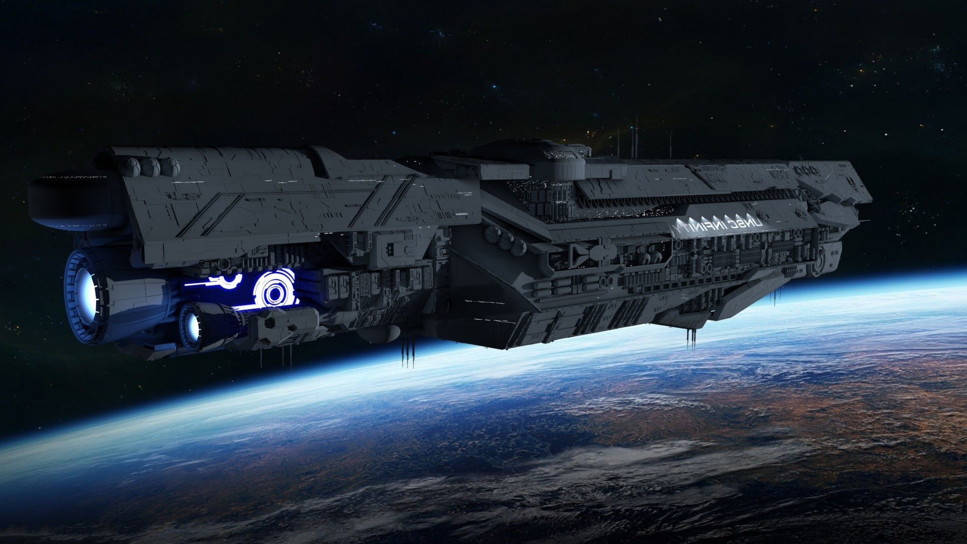 mode of transportation, UNSC Infinity, sky, water, galaxy, air vehicle, outdoors, spaceship, 1080P, night, planet, digital composite, exploration, CG Render, HD Wallpaper