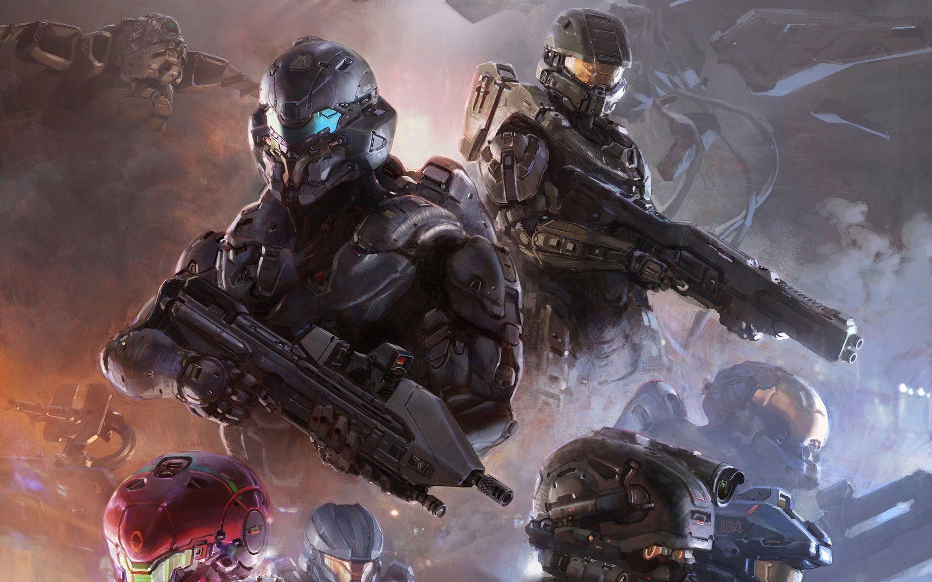 indoors, army soldier, weapon, Halo 5: Guardians, helmet, adult, military uniform, people, military, waist up, artwork, 1080P, technology, low angle view, HD Wallpaper