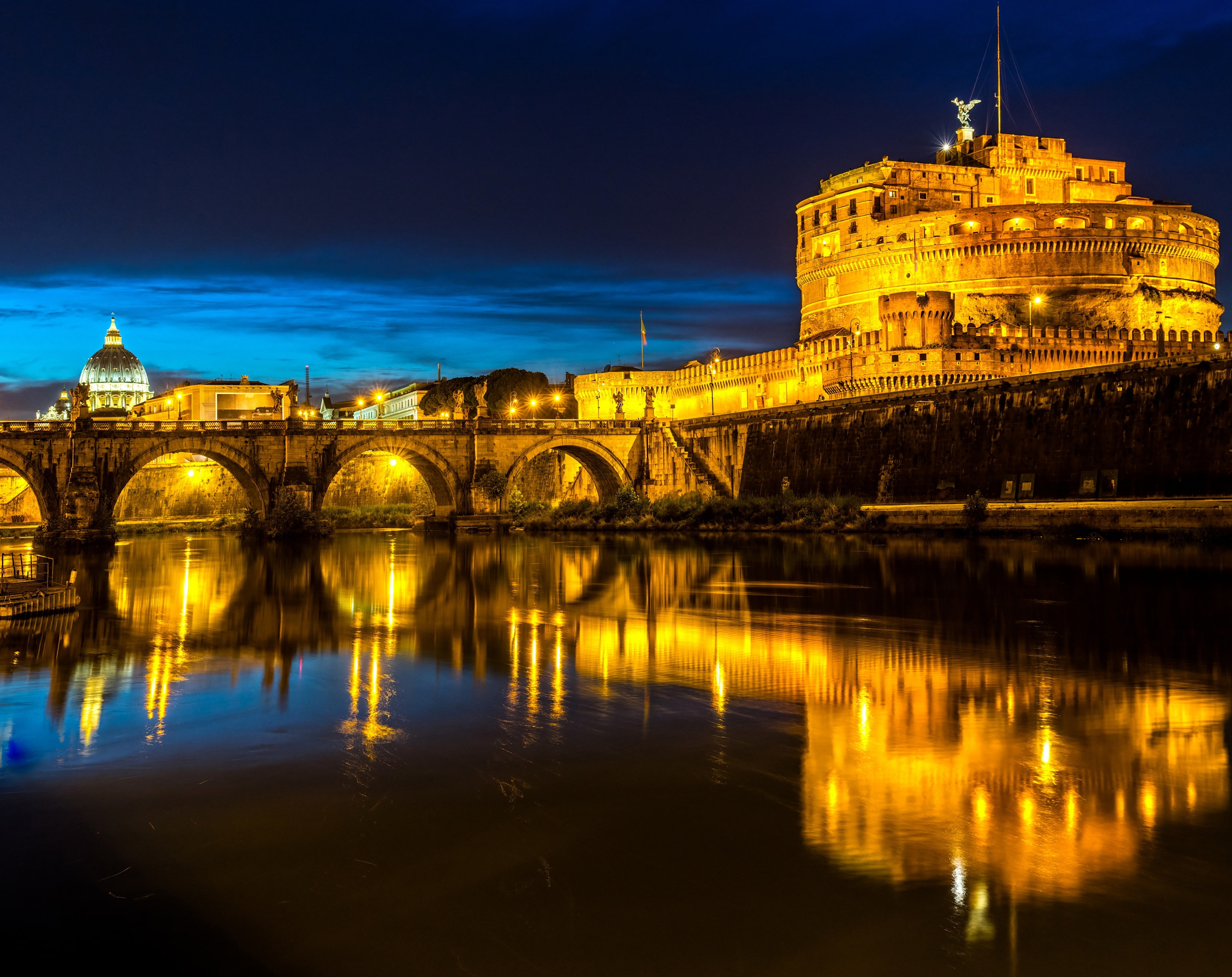 building exterior, illuminated, Europe, Building, Reflection, concrete, built structure, no people, outdoors, Italy, history, government, cylindrical, Mausoleum of Hadrian, HD Wallpaper