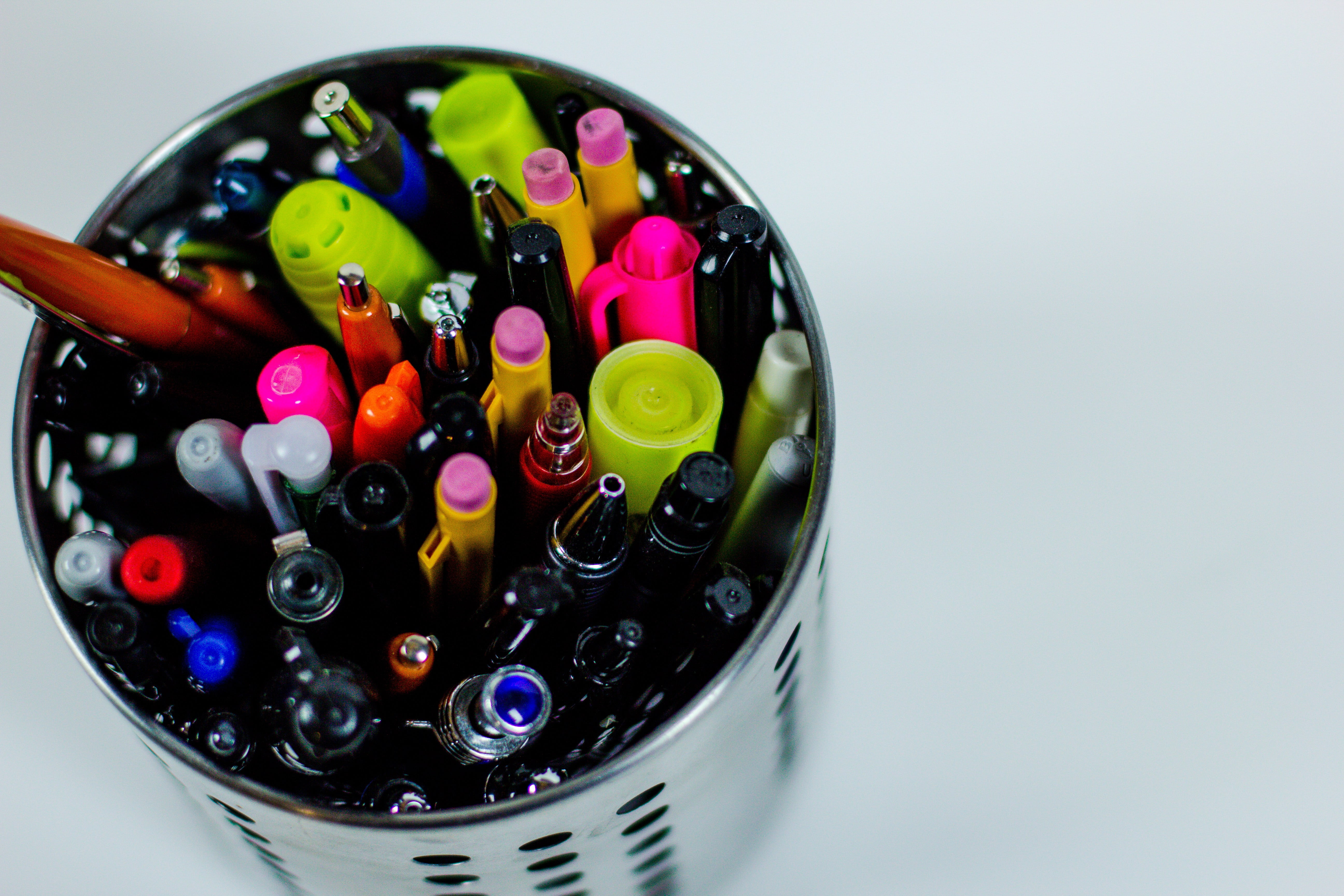 pens, ballpoint, sport, studio shot, variation, white background, still life, container, writing, multi colored, 5K, food and drink, no people, desk, grey, HD Wallpaper