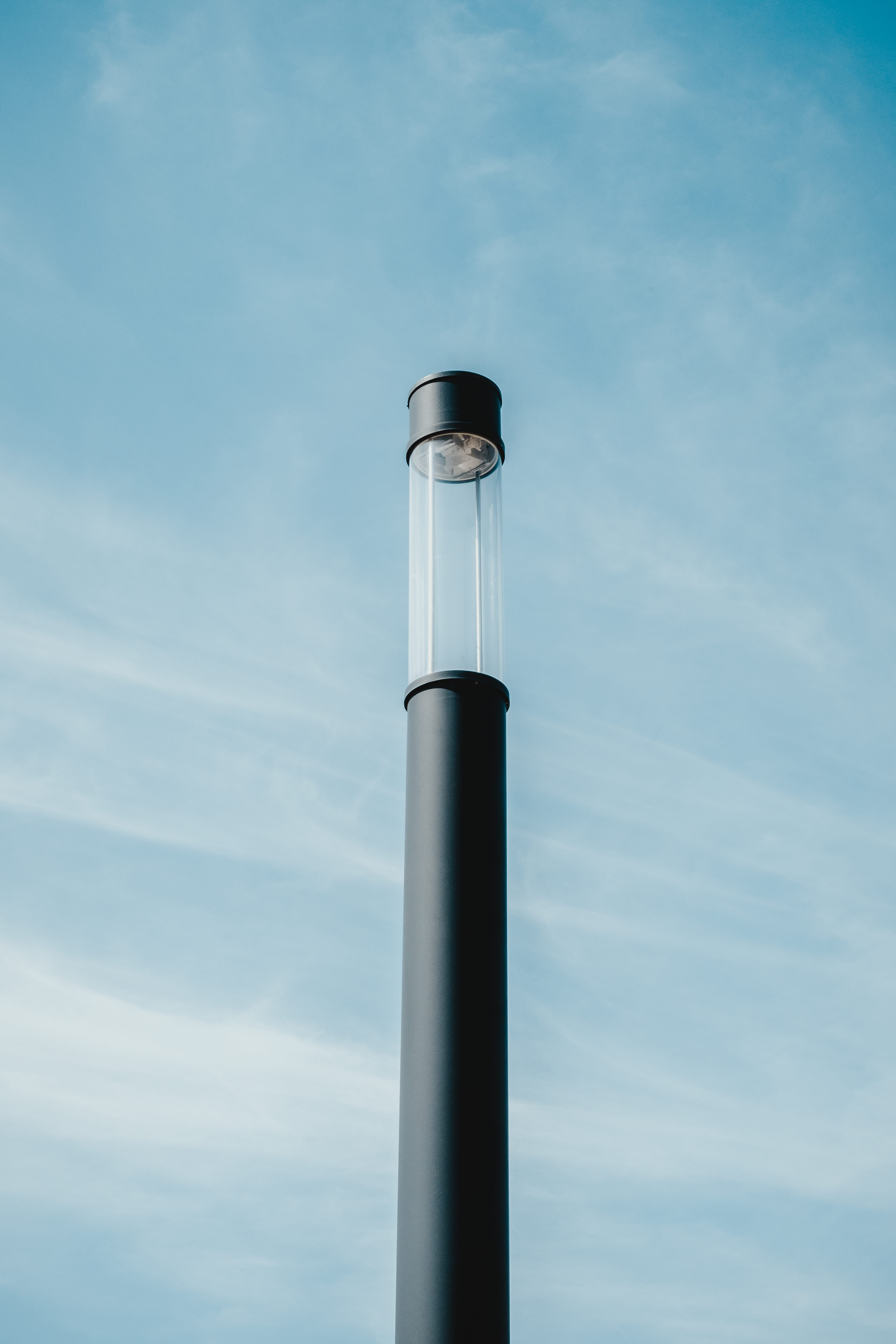 sky, cylindrical, day, low angle view, technology, chimney, blue, alloy, pollution, sunlight, cloudy, lighting equipment, nature, industry, black, no people, Phone HD Wallpaper
