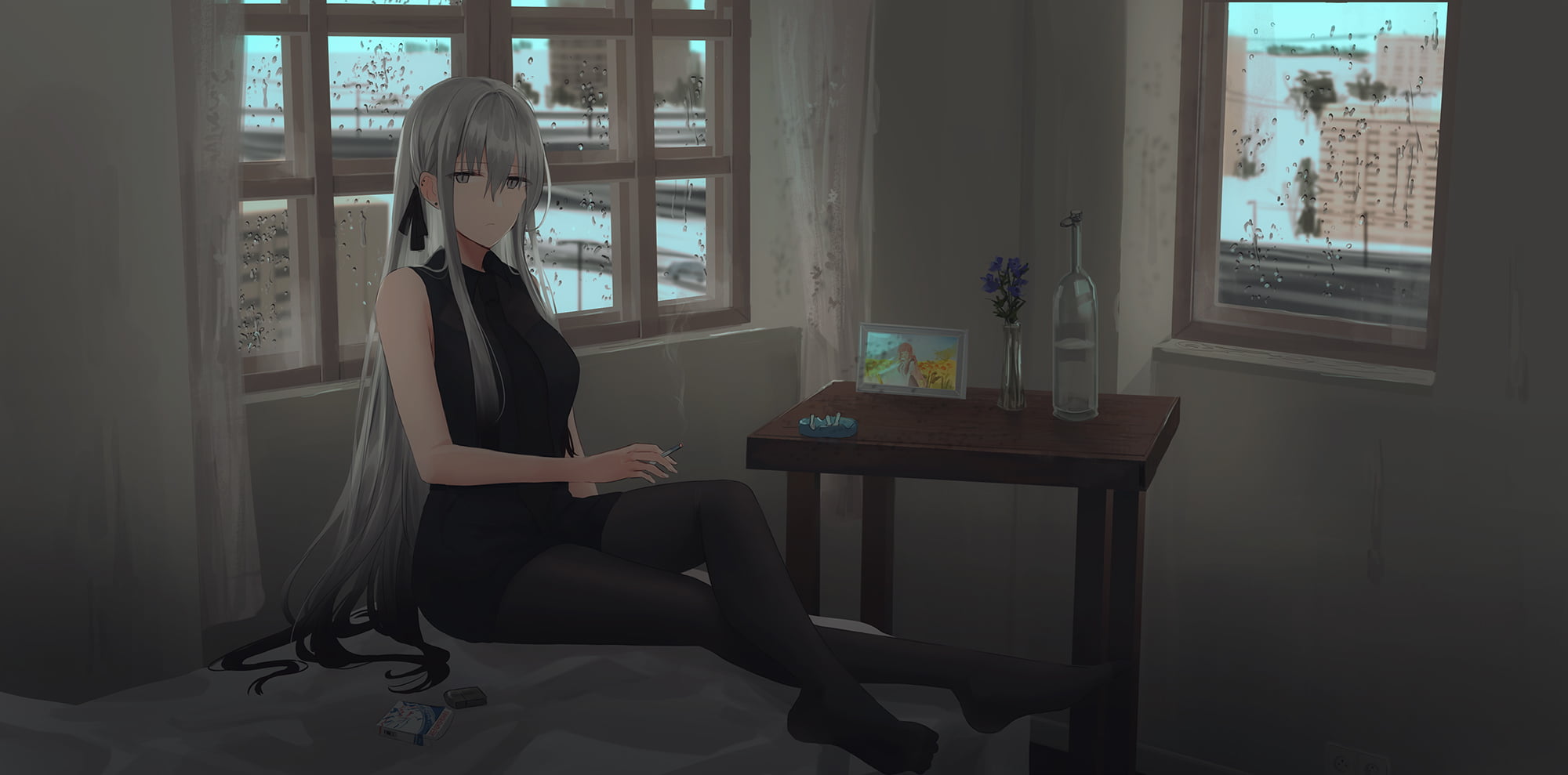 pantyhose, short shorts, original characters, 1080P, long hair, artwork, hair ribbon, water drops, looking at viewer, window, shirt, lighter, anime girls, HD Wallpaper