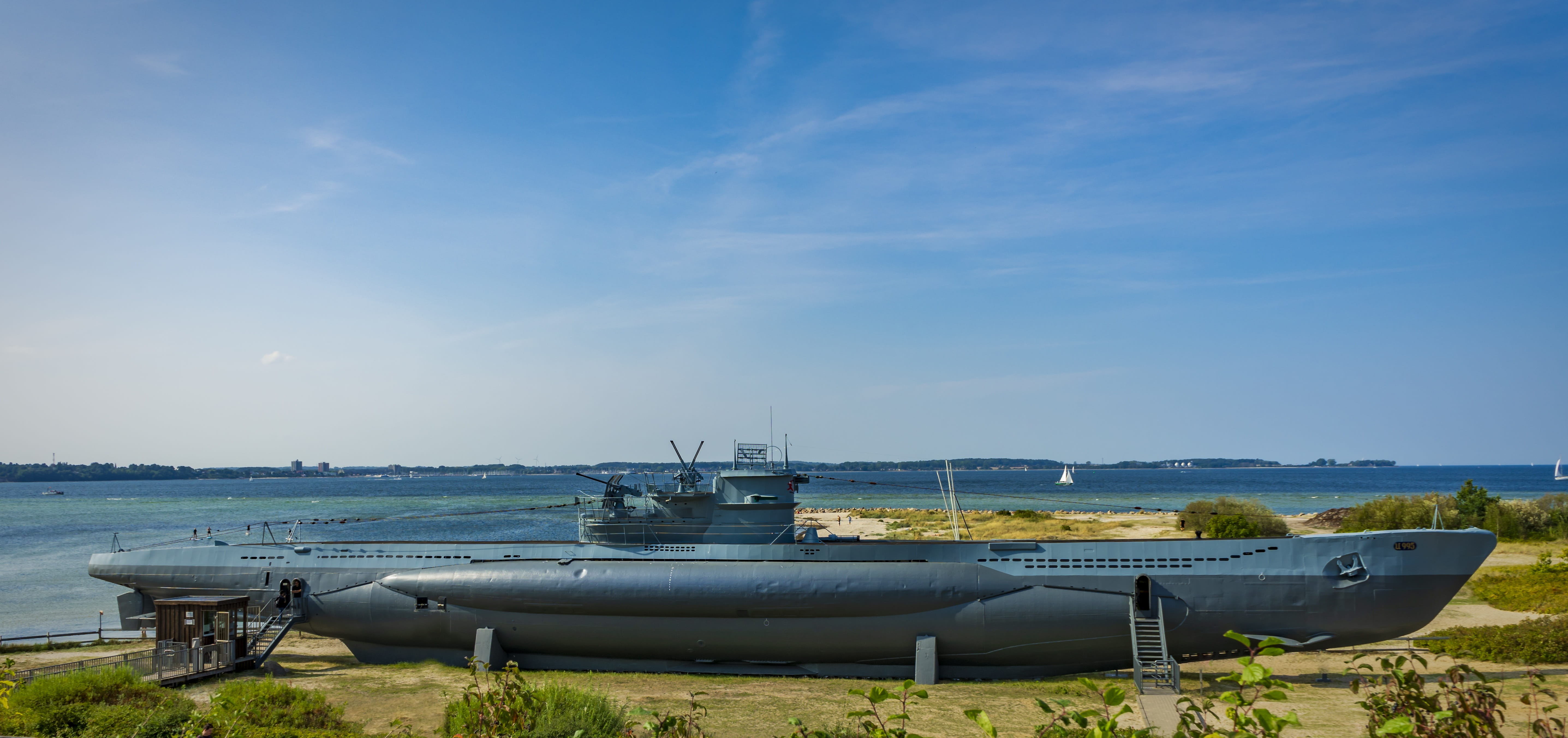 destination, nature, outdoors, tranquility, blue, scenics - nature, laboe, 5K, warship, tranquil scene, day, travel, water, sea, transportation, monument, HD Wallpaper