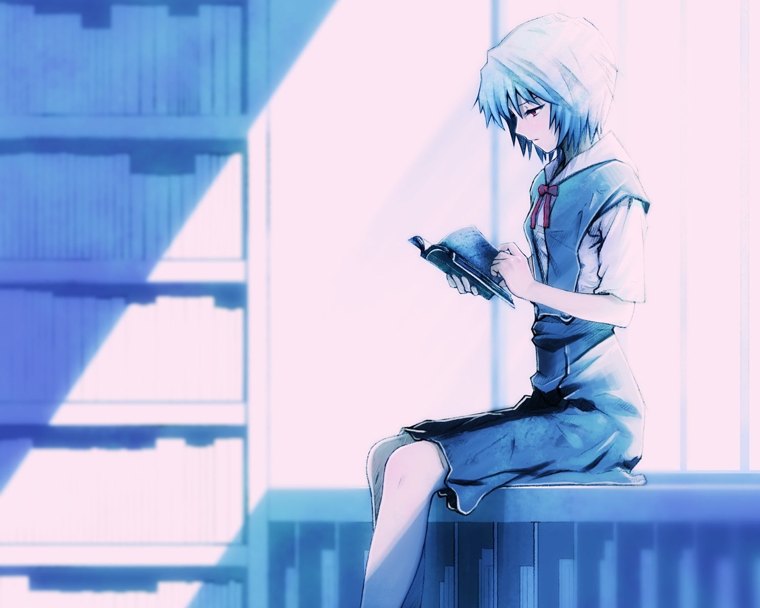 anime, hair, evangelion, neon, blue, 720P, genesis, short, books, eyes, uniforms, school uniforms, school, red, reading, skirts, hd, ayanami, ha, rei, HD Wallpaper