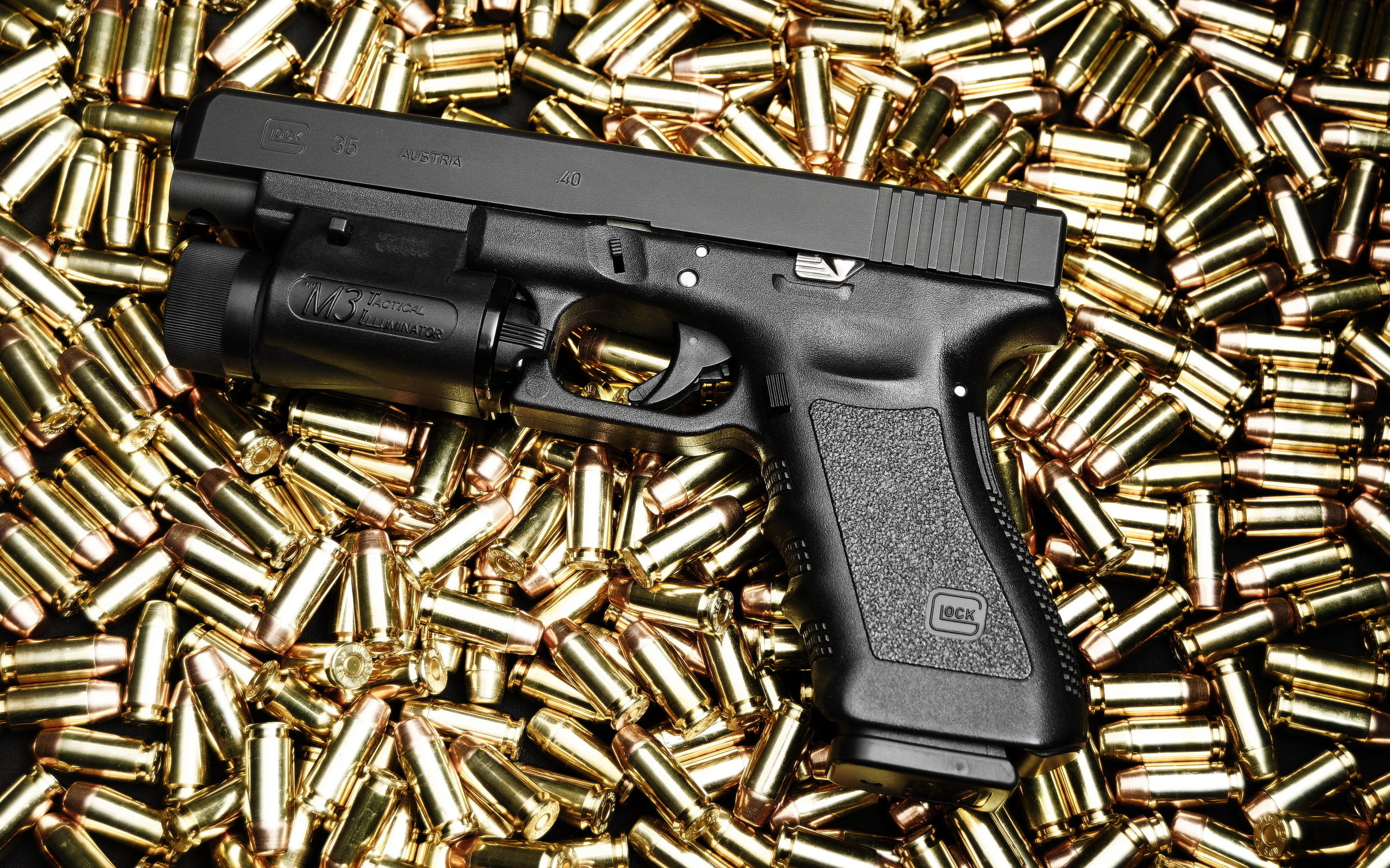 bullet, cartridges, weapon, ammunition, no people, shell, gun, Glock 35, brass, pistol, crime, communication, social issues, aggression, high angle view, HD Wallpaper