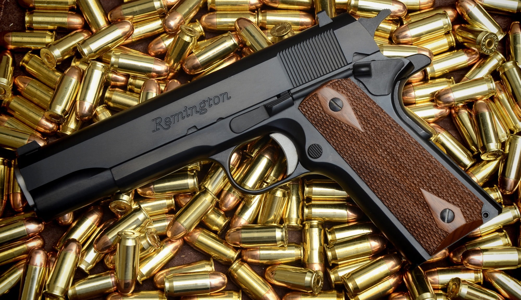 musical instrument, gold colored, silver colored, communication, sign, steel, violence, a lot, pistol, aggression, ammunition, black, danger, handgun, colt 1911 R1, HD Wallpaper