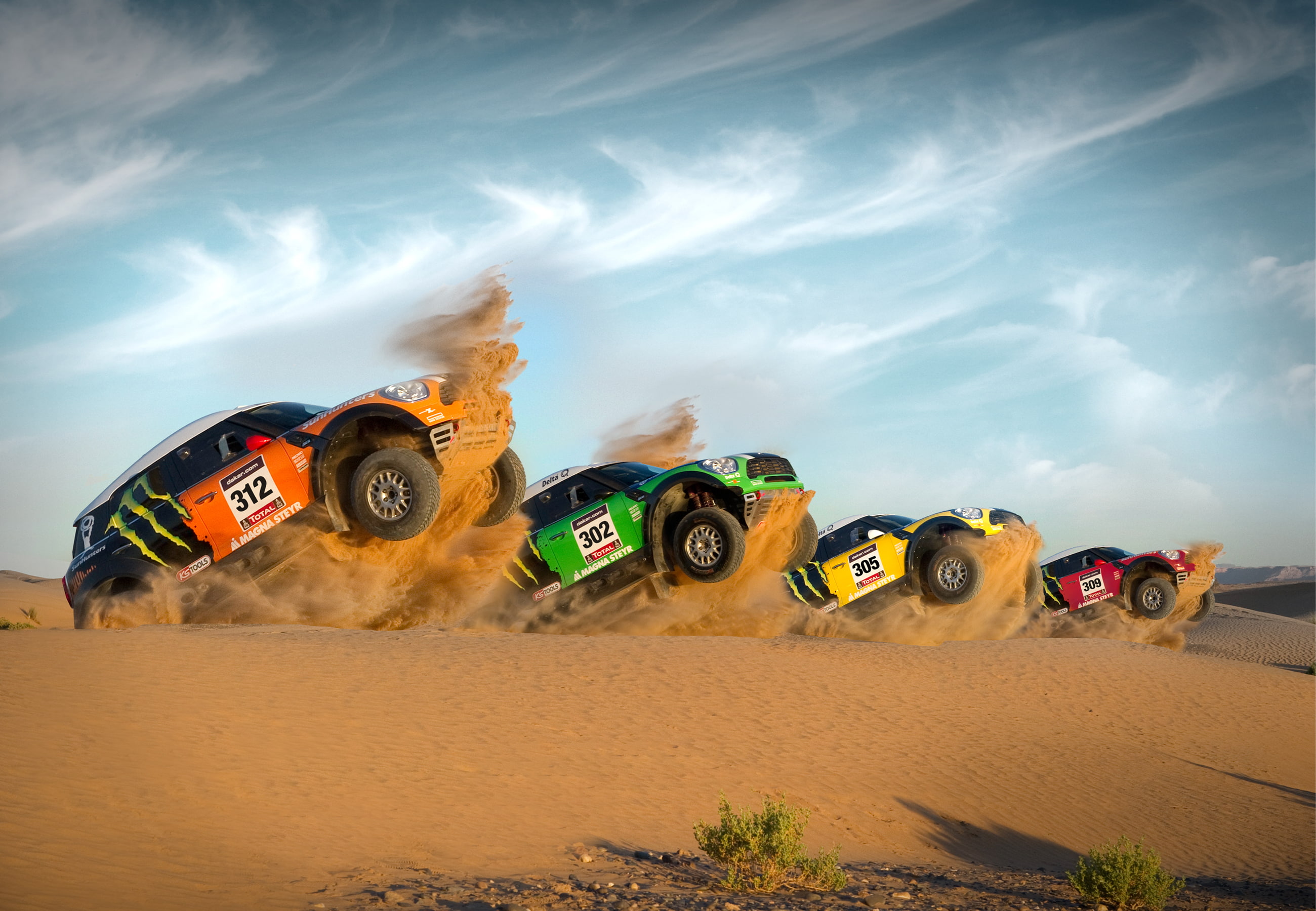 vehicle, no people, 2K, day, jumping, land vehicle, transportation, mode of transportation, wheel, cloud - sky, sunlight, speed, motor vehicle, sand, car, HD Wallpaper
