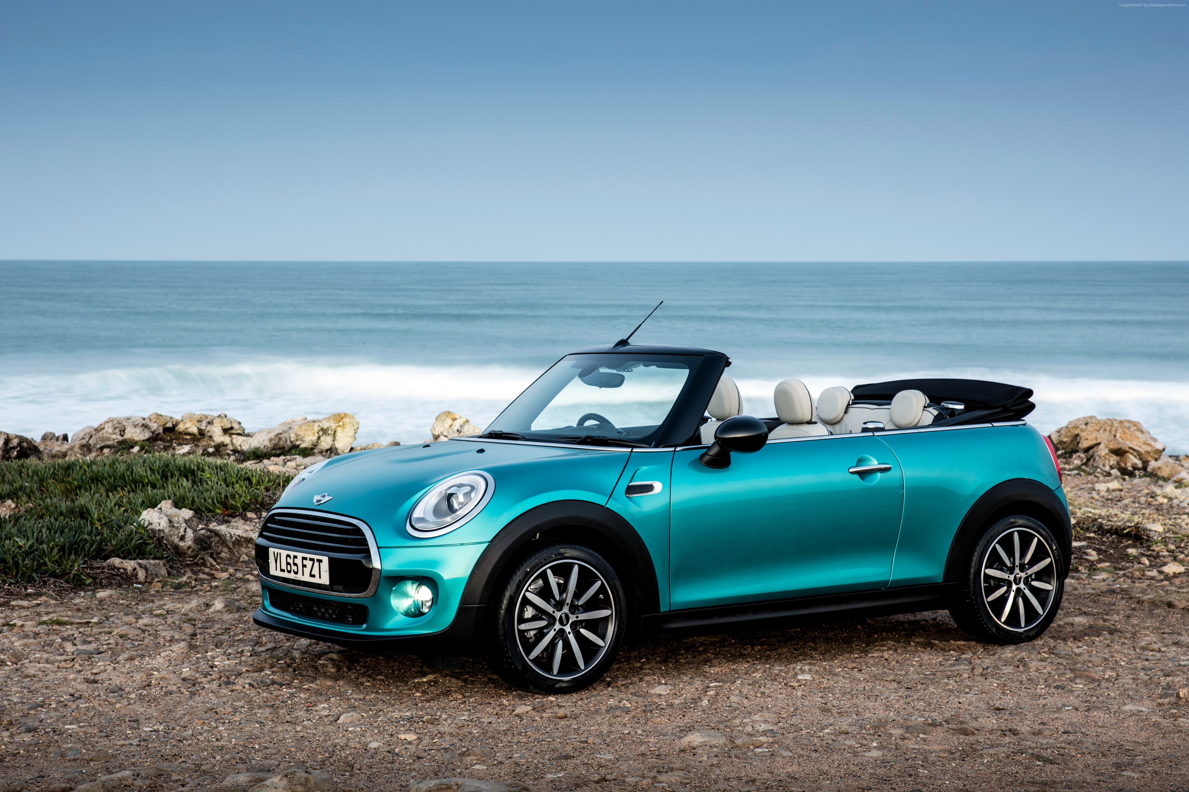 water, road trip, cabriolet, horizon, motor vehicle, sea, land, beach, transportation, copy space, blue, sky, day, horizon over water, 4K, nature, mode of transportation, HD Wallpaper