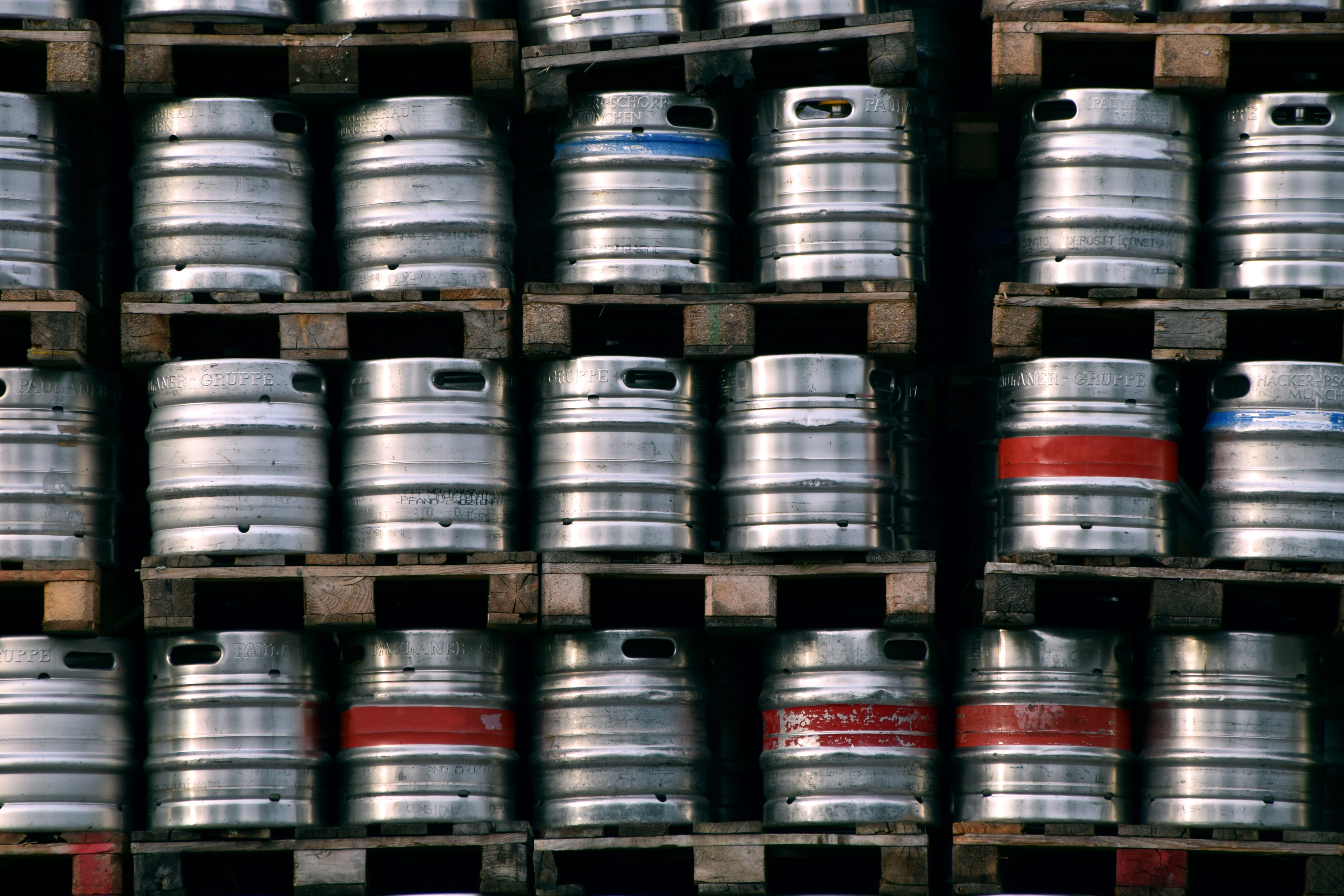 business, range, food and drink, stacked, grey, silver colored, alcohol, beer stock, metal barrels, 5K, indoors, stock, stacked up, barrel, day, liquid, HD Wallpaper